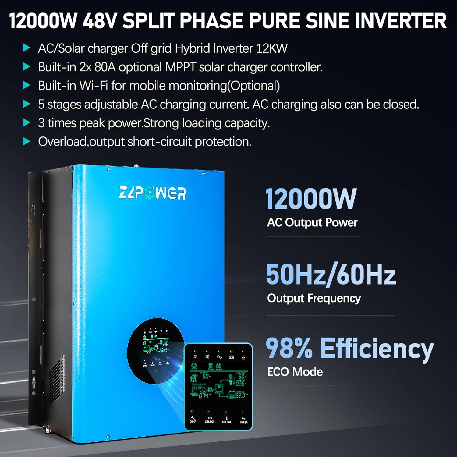 Image showing the ZLPOWER inverter with a list of key features: 12000W AC output power, 50Hz/60Hz output frequency, and 98% efficiency in ECO mode.