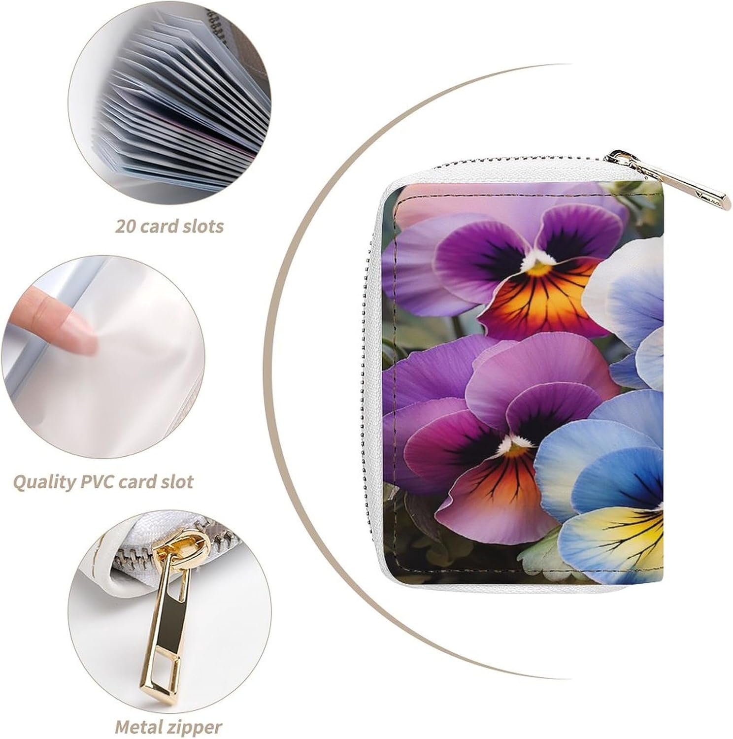 Leather Card Organizer Case Card Wallet Credit Card Holder Pansy Perfection Printed Zipper Card Cases Holder for Women Men