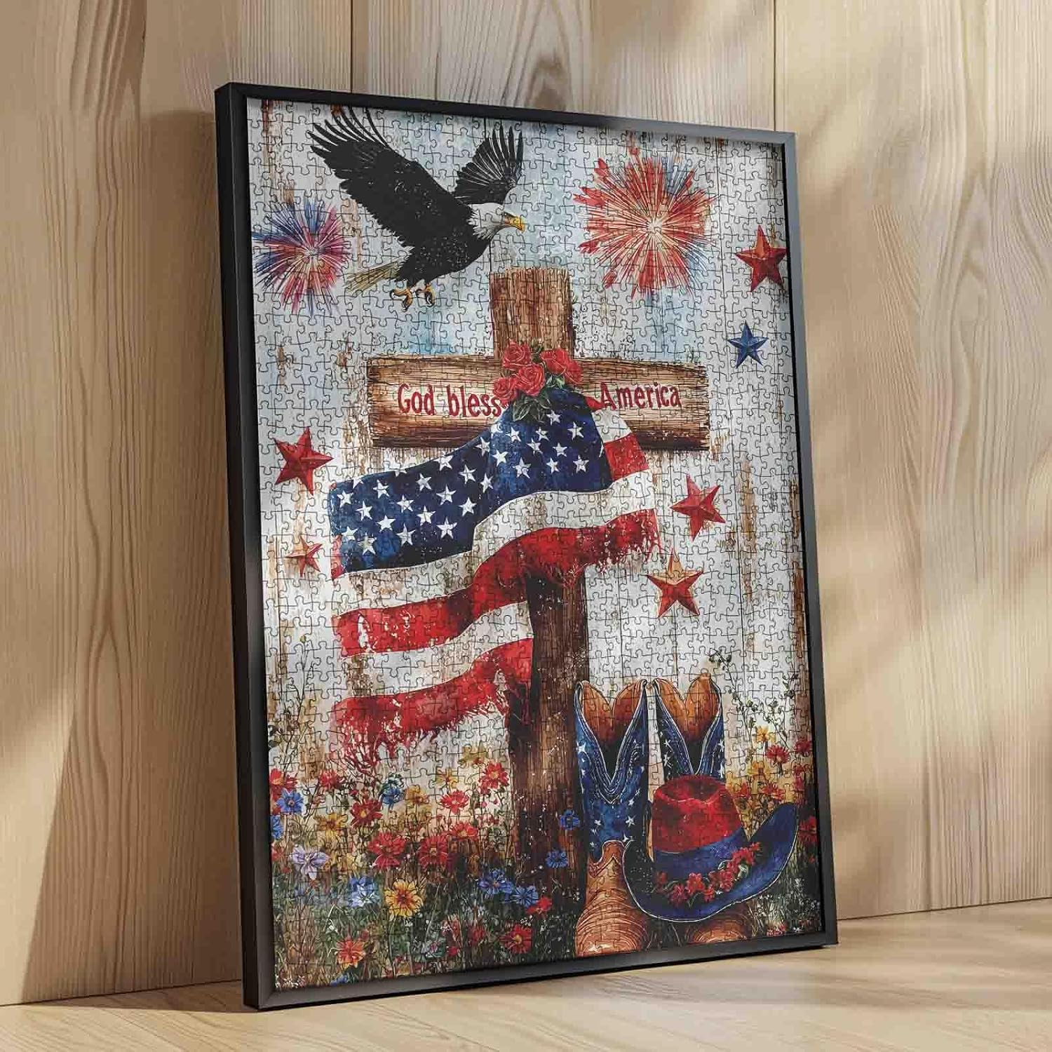 Rustic Patriotic Americana Puzzle USA Flag Cross Christian 1000 Piece Jigsaw Puzzle for Adults, Vintage American Countryside Art Puzzles, Farmhouse Style Home Decor 4th of July Independence Day Gift