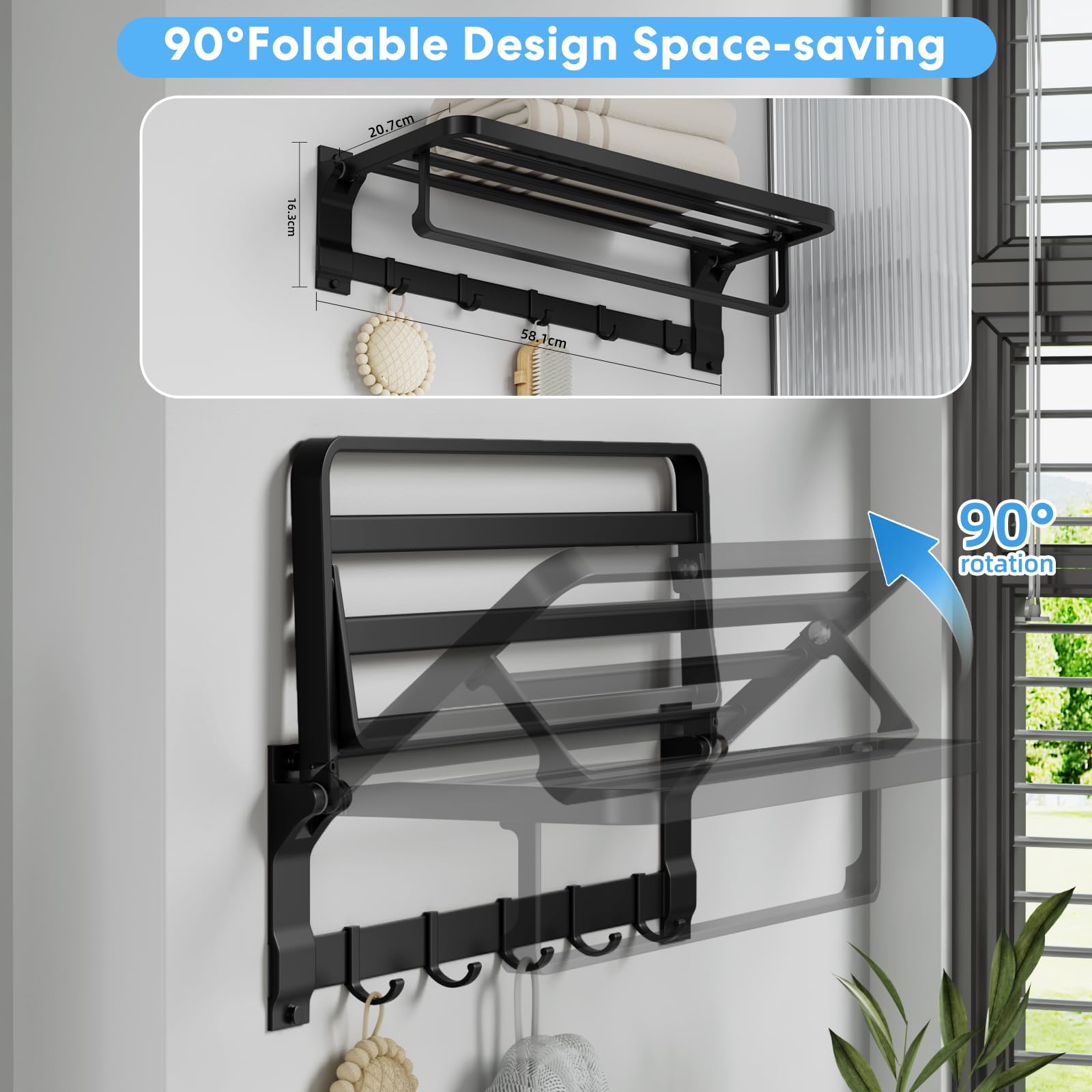 Cancora 90° Foldable Towel Racks for Bathroom Wall Mounted Rustproof Aluminum Towel Bar with 5 Towel Hooks 23IN Shelves Towel Holder for RV Hotel Lavatory Kitchen Organizer Decor, Matte Black