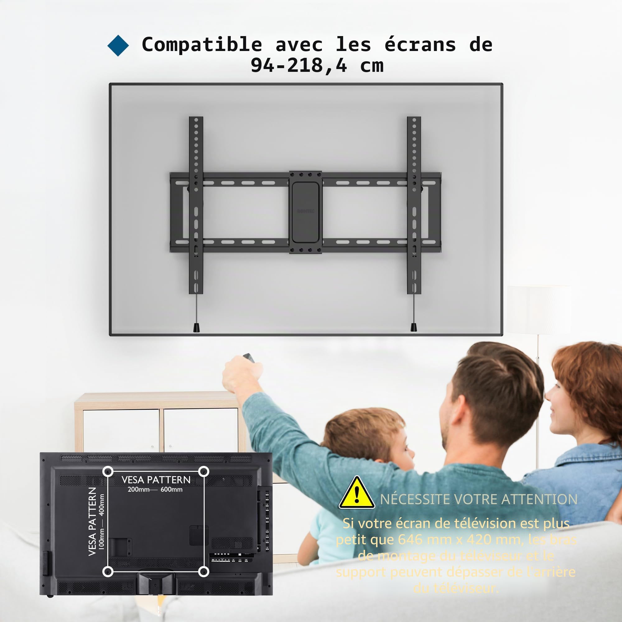BONTEC Support Mural TV Inclinable pour Téléviseurs LCD, LED, Plasma de 37 à 86 Pouces, VESA 600x400mm, Charge 75 kg, Support TV Mural Fixe avec Niveau à Bulle, Compatible Samsung, TCL
