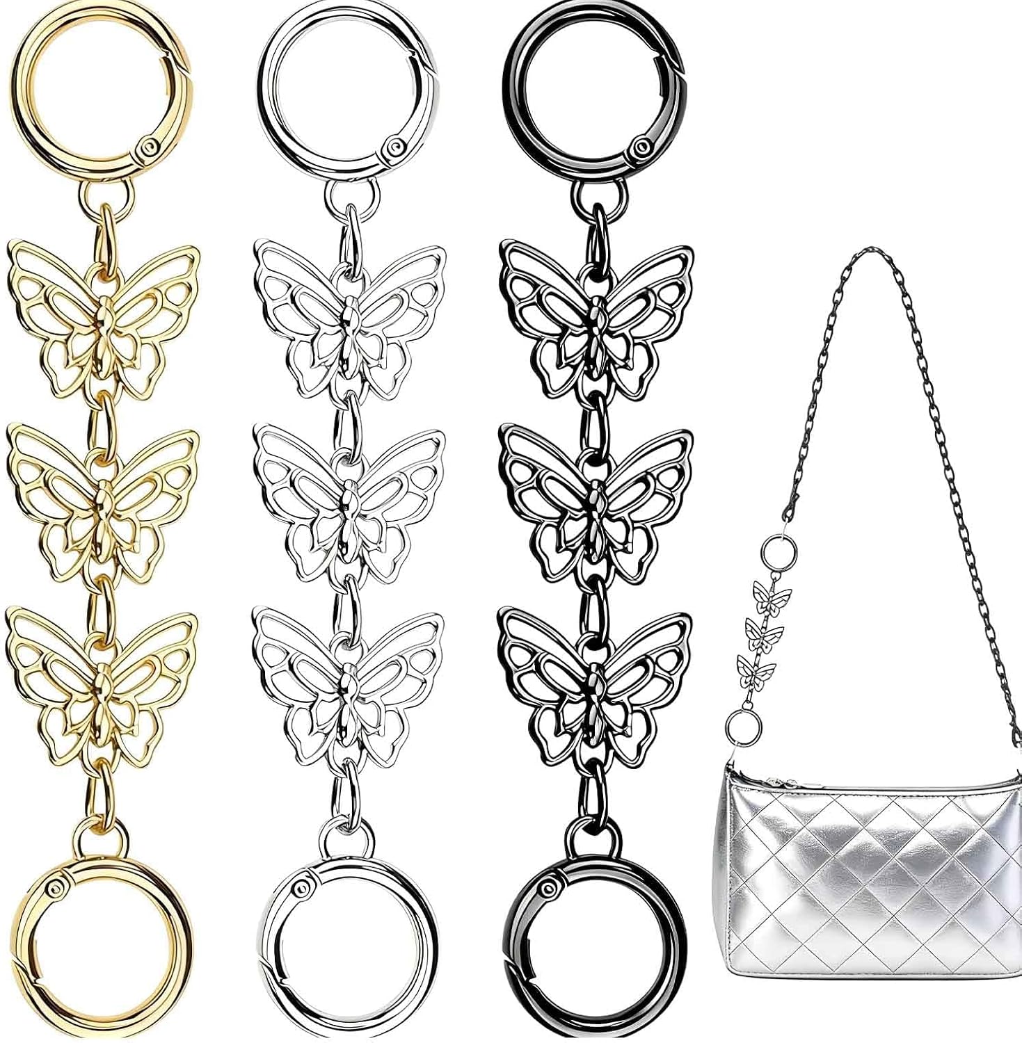 3Pcs Purse Chain Extender - Metal Butterfly Bag Chain Strap Extension for Handbags - Decorative Tone Charm Links for Shoulder Bags Clutches and Totes