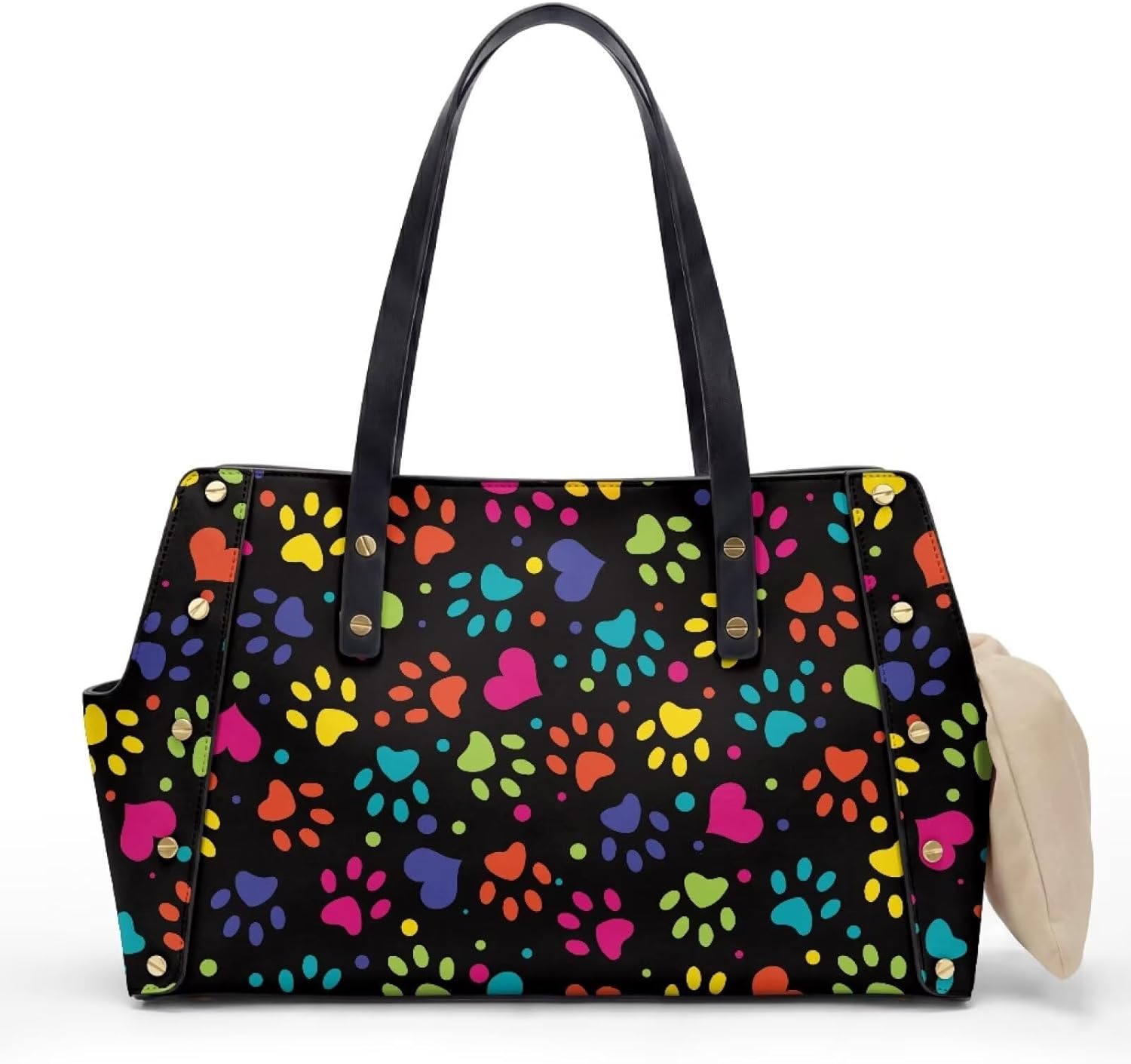 COEQINE Small Animal Carrier Bag Colorful Dog Paw Prints Blue Leather Shoulder Bag for Women Travel Sling Purse Dog Carry Bag 15-20 Pounds