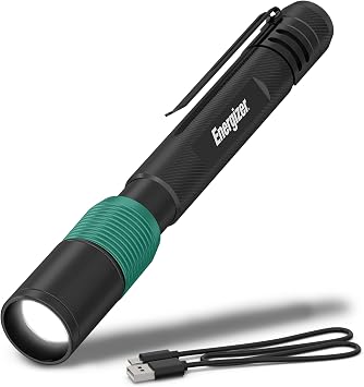 Energizer X-400 Pen Light Flashlight Rechargeable, Bright Penlight IPX4 Water-Resistant, Lightweight and Durable, Rechargeable Flashlight, USB Charging Cable Included