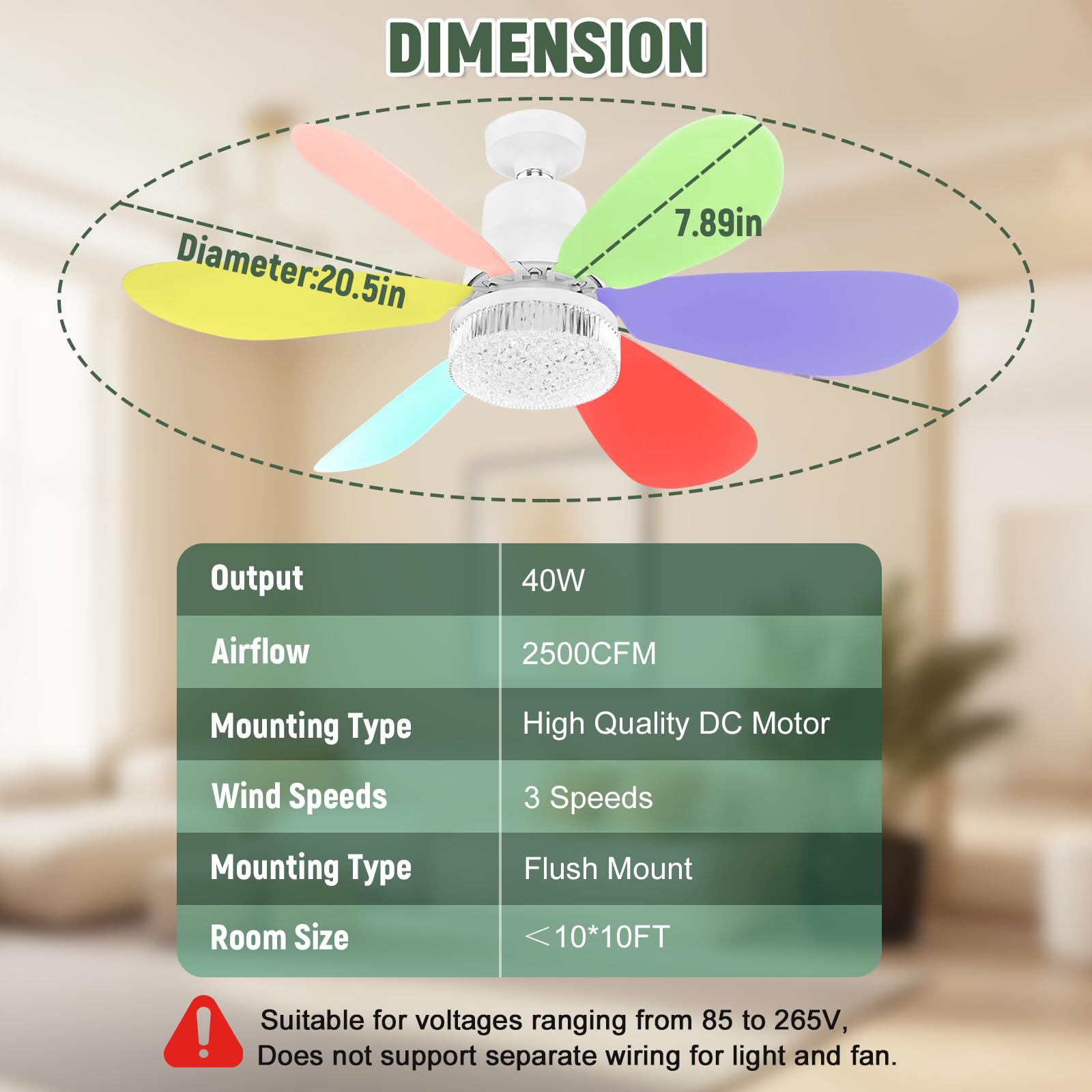 Ventilateur de Plafond avec Lumière et Telecommande, Ø52cm LED Plafonnier Dimmable Ventilateur avec 40W E27 Lampe Cristal Intégrée, 6 Pales, 3 Vitesses, Silencieux, pour Chambre, Salon (Multicolore)