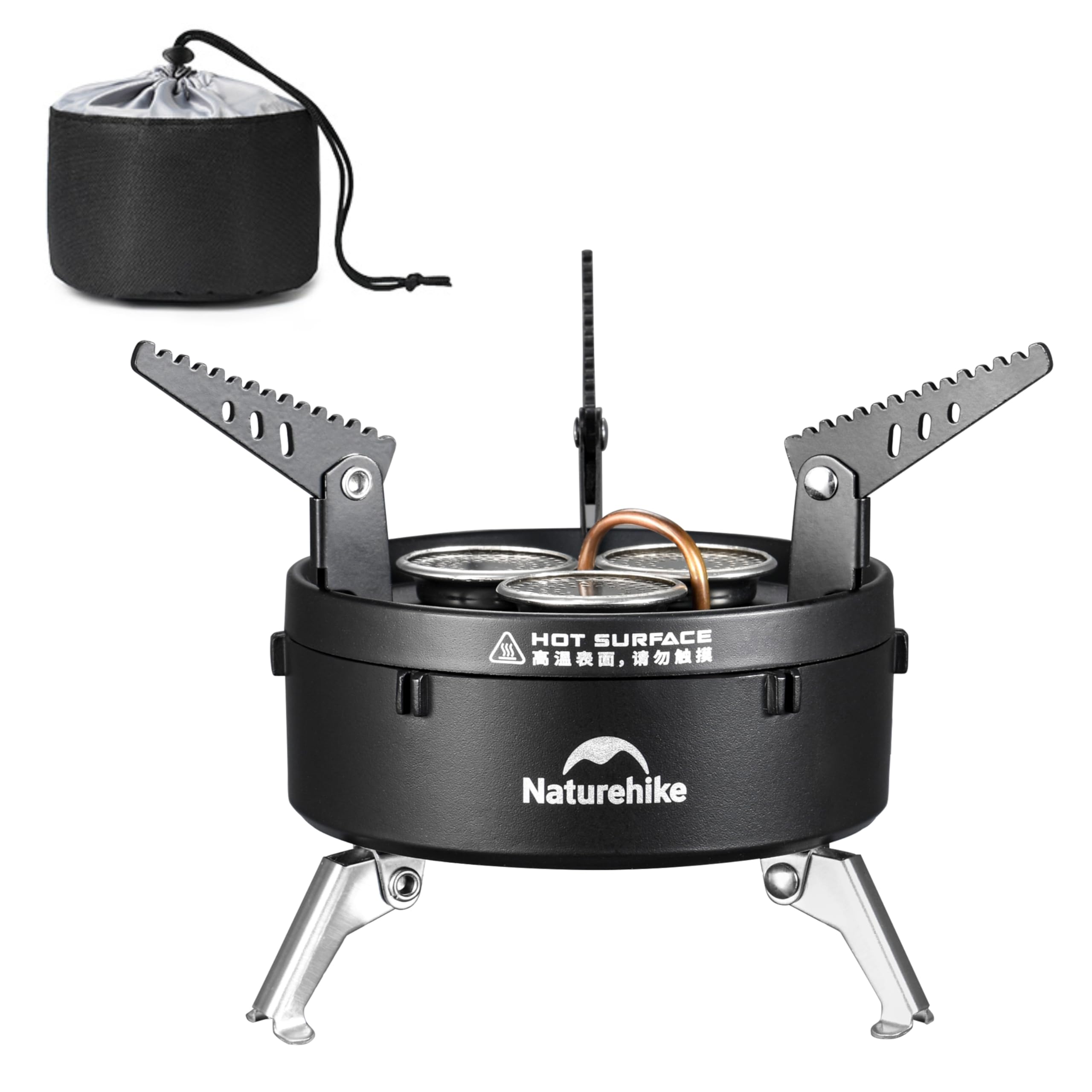 Naturehike Portable Camping Stoves 480g/1.1lb Backpacking 3300w/11260 BTU, 3 flames for more consistent fire, igt, High Heat, Foldable stand, Adaptable to a variety of pots and pans (Portable stove)