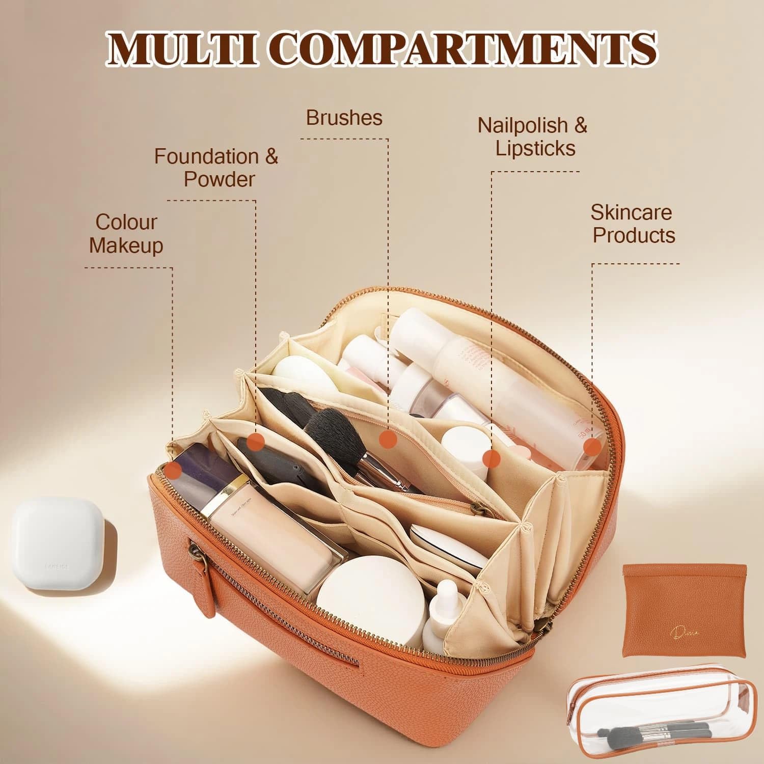 Travel Makeup Bag 3 Pcs Set, Waterproof Vegan Leather Toiletry Bag Organizer with Compartments & Handle, Cosmetic Bags for Women, Portable Travel Essentials Pouch (Large, brown) - Image 2