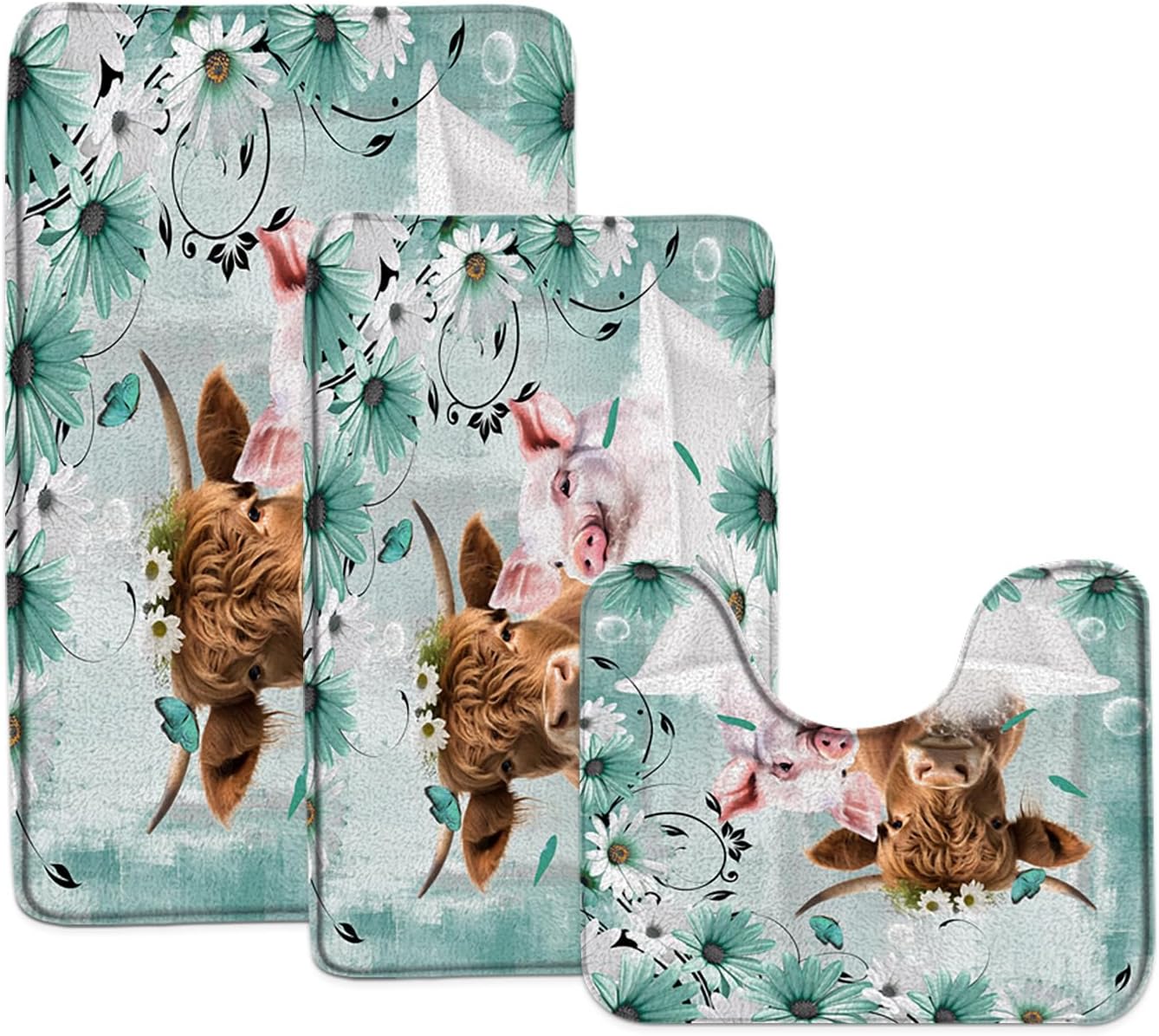 Sunhe 3 Piece Farmhouse Highland Cow Bath Mat Set Western Farm Animal Portrait of Longhorn Bull Pink Floral Rustic 24"x36"+24"x60" Bathroom Rugs,U-Shaped Floor Mat
