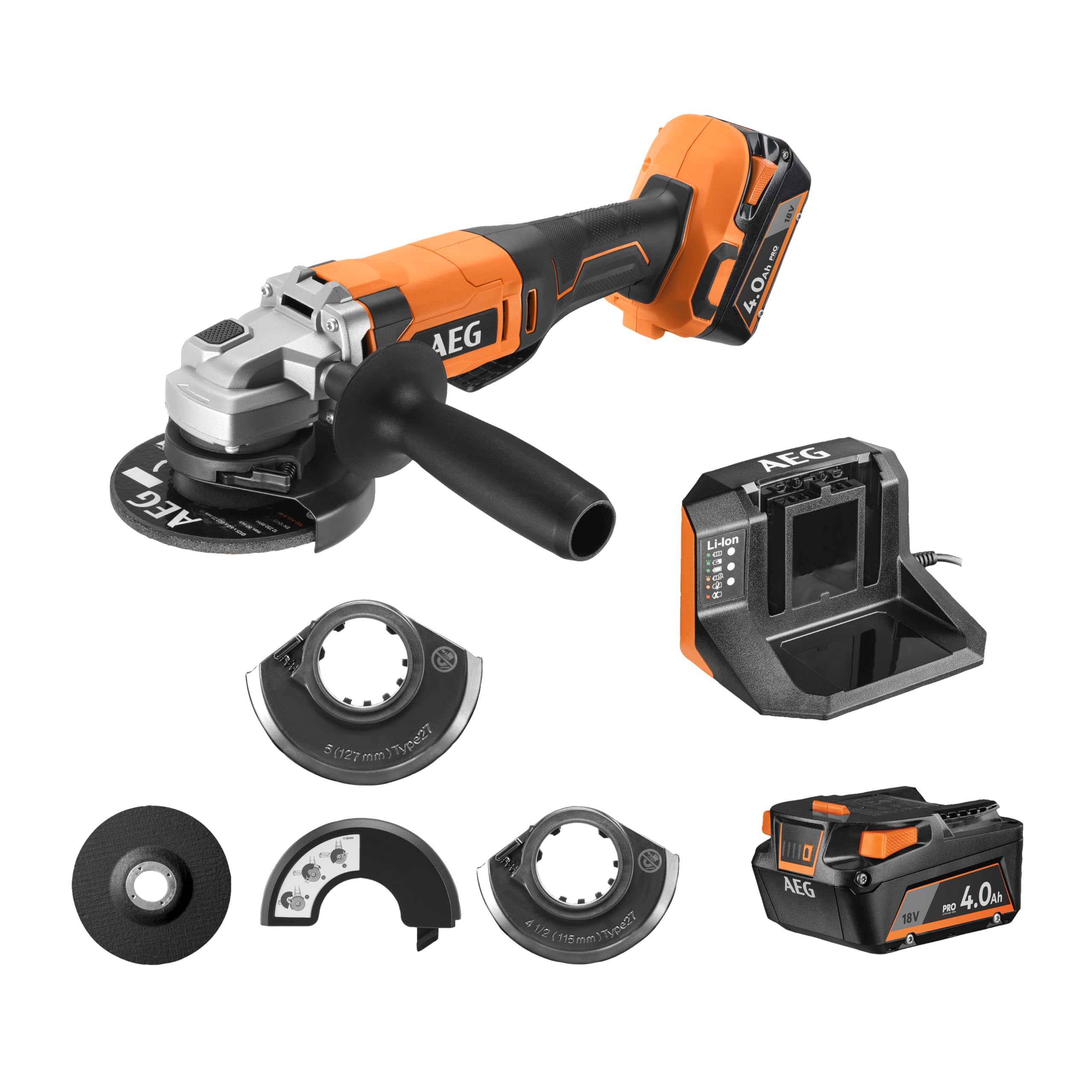 AEG - Smerigliatrice 125 mm senza fili 18 Volt, 9200 giri/min con 2 batterie Pro litio 4,0 Ah, caricatore e borsa - BEWS18-125X2-402B