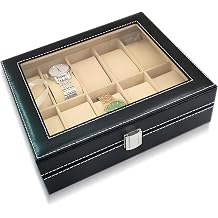 Retoo Watch Box 10 Compartments Glass Cover Removable Size 25.4 x 7.8 x 20.2 cm Watch Pads Case Velvet Lining Men Organizer Black