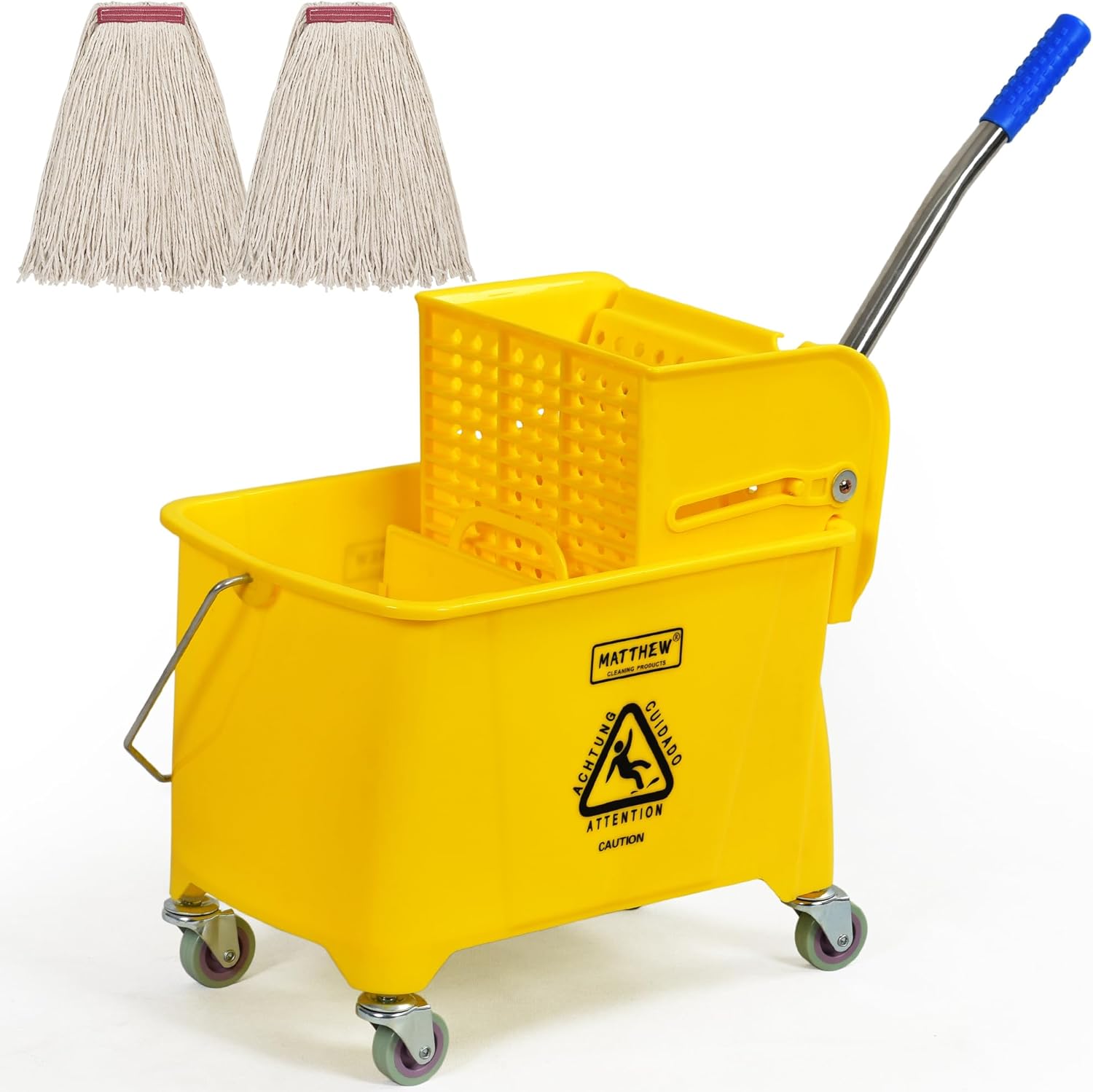 Matthew Cleaning 22 Quart Compact Mop Bucket INCL.2 Pack Mop Head with Side Press Wringer On Wheels,Tandem Portable Floor Cleaning Wavebrake,Ideal for Household,Industrial,Restaurant,Janitorial Use Yellow 22 Quart