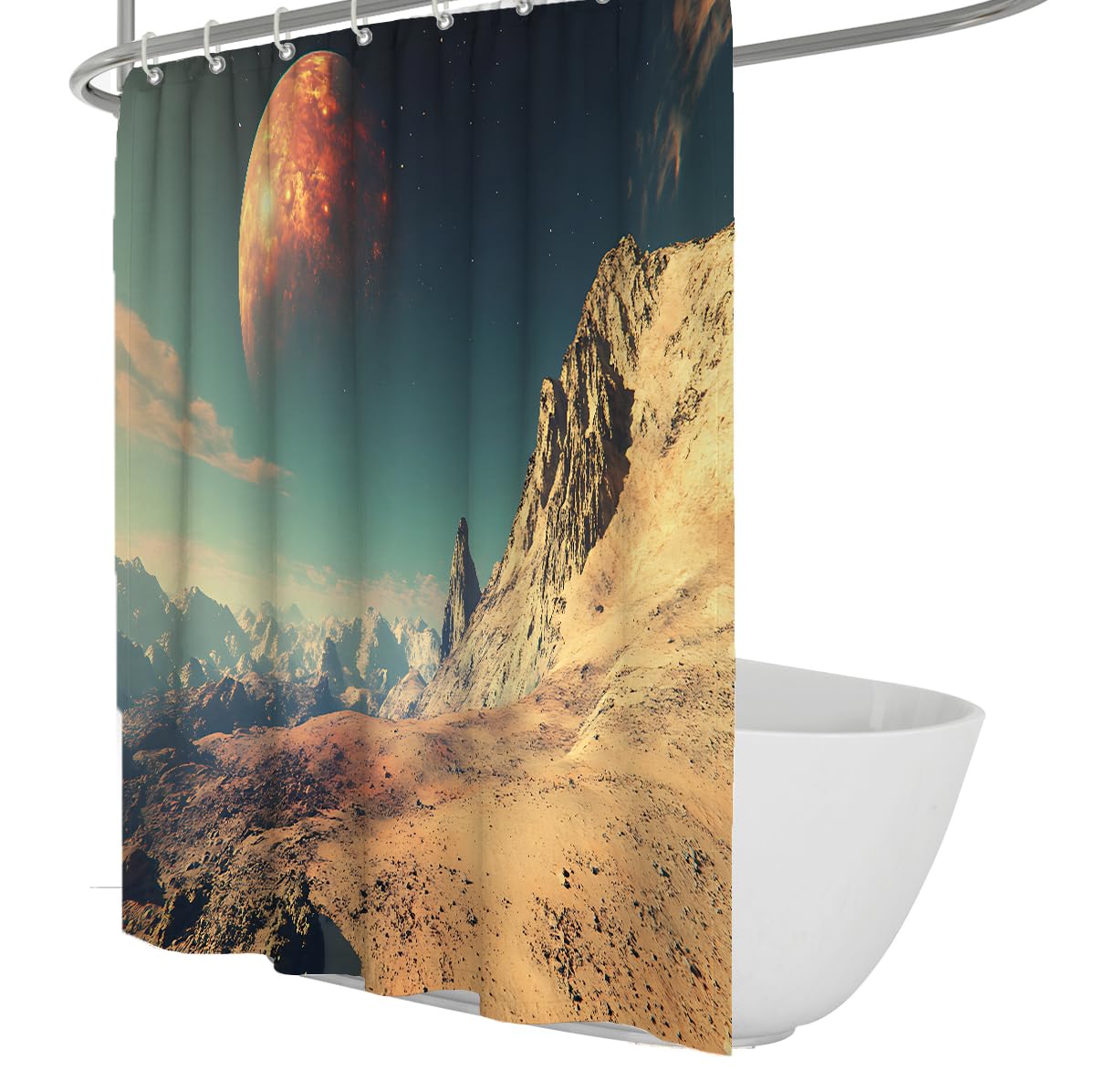 OLLIAR Home Fantasy Planet Landscape Shower Curtain 150x180 Sci-Fi Desert with Giant Red Moon Print Polyester Fabric Bath Curtain with Hooks for Bathroom Decor