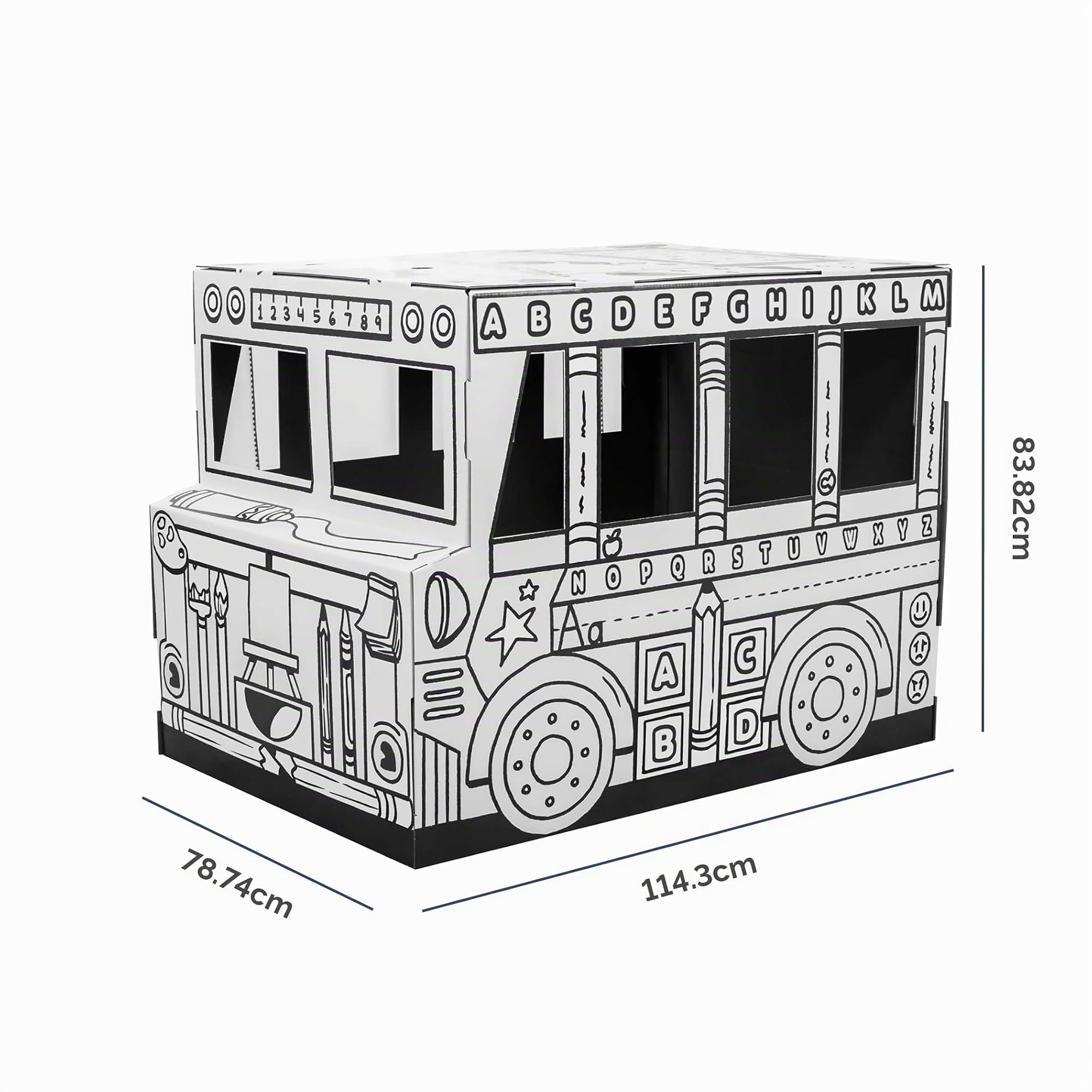 BANKERS BOX Colour-In School Bus Cardboard Playhouse für Kinder (114,3 x 78,74 x 83,82cm) - Craft Activity mit Türen & Sonnendach - Einfache Montage - FSC Zertifiziert, 100% recycelbar - Alter 3+