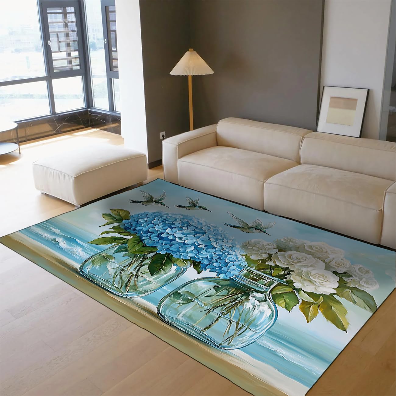 Tapis de salon colibri 180x270 cm lavable et antidérapant à motifs hortensias