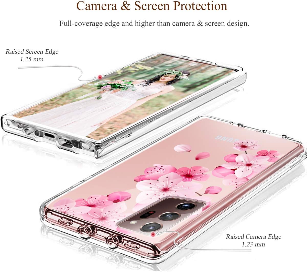 Galaxy Note 20 Ultra Case, iDLike Clear Floral Flower Cute Design Dual Layer Protective Shockproof Phone Case Cover for Samsung Galaxy Note 20 Ultra 6.9" 2020,Pink/Cherry
