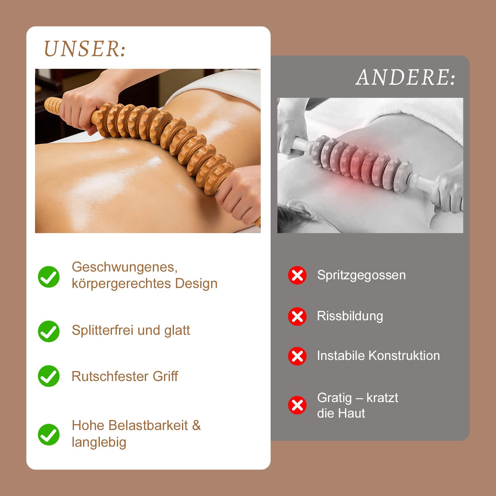 Faszienstab Holz aus Buchenholz für Muskelentspannung, Körperformung, Gua Sha Massage, Faszienrolle Holz Massagegerät Mit Griff, Anti Cellulite, Massageroller Beine, mit Baumwolltasche