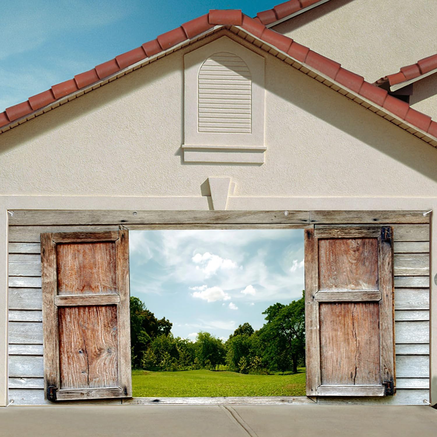 7x8ft Vintage Wooden Window Garage Door Decor Summer Rural Forest Grassland Landscape Natural Scene Garage Door Background Children's Birthday Party Decor Banner