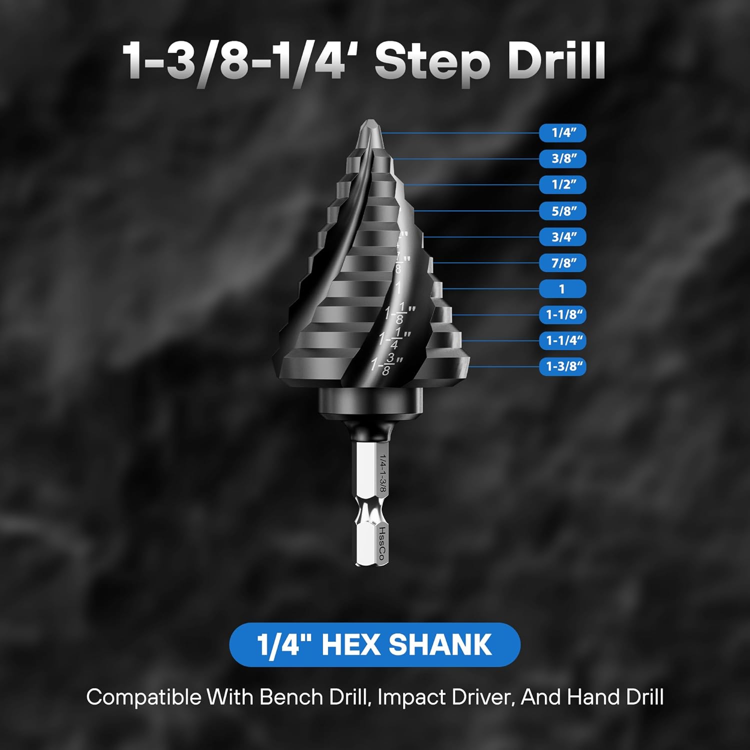 M35 Cobalt Steel Four Spiral Flute Step Drill Bit 1/4“ to 1-3/8” - Wear-Resistant TiAlN Coating, 1/4" Hex Shank, for Metal, Stainless Steel, Aluminum & Plastic