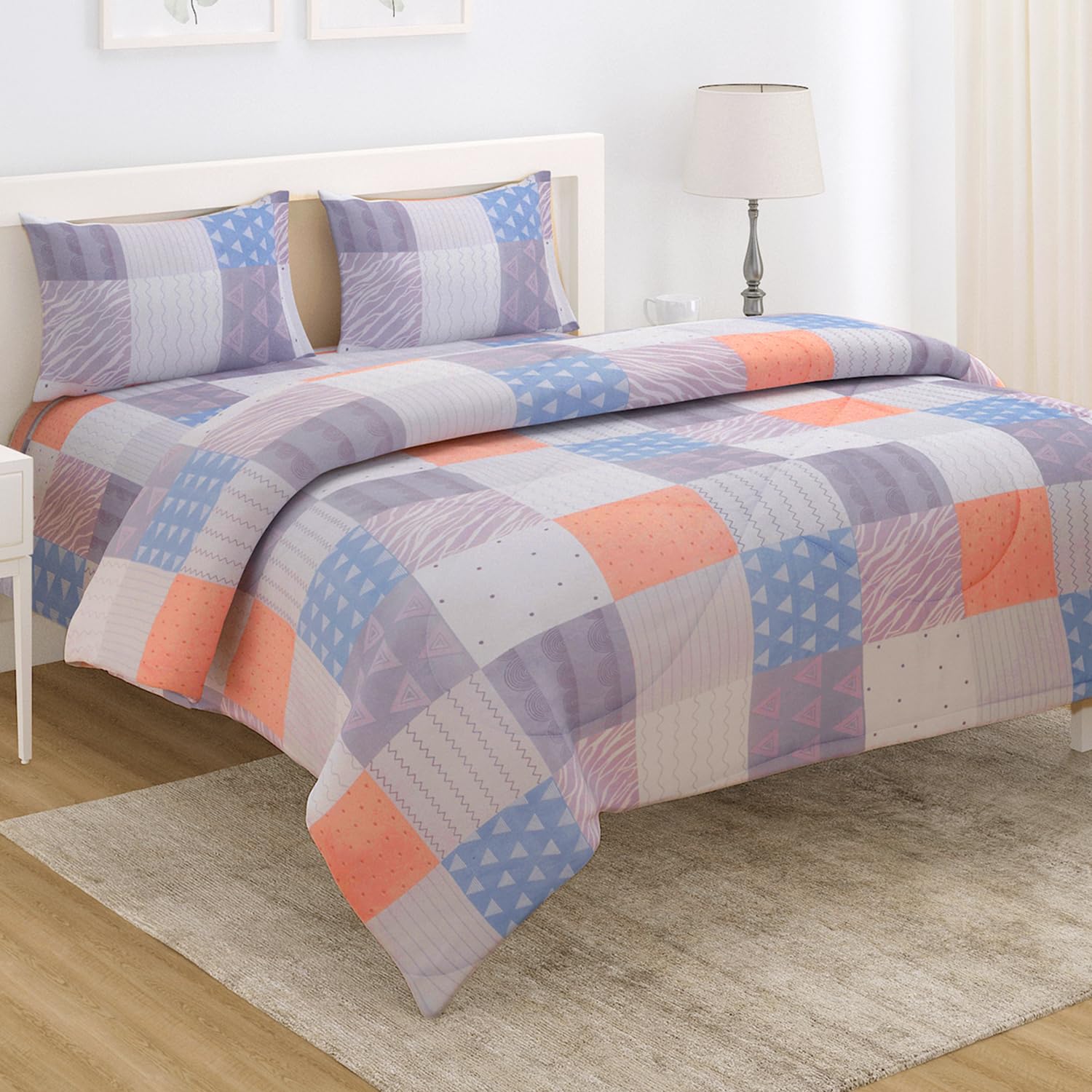 HOKIPO Quilt Comforter Bedding Set, 220 GSM, AC Blanket, Reversible Microfibre Duvet Double Bed King Size with 1 Bedsheet and 2 Pillow Cover (IN-562-D6)