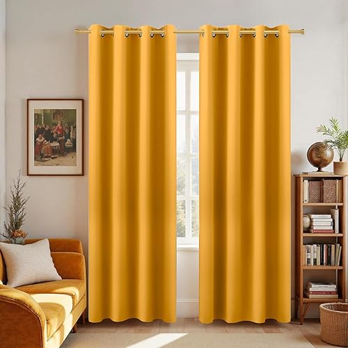 KOUFALL Cortinas opacas amarillas modernas de mediados de siglo, con ojales, estilo vintage, estilo bohemio de los años 50, 60, 70, para sala