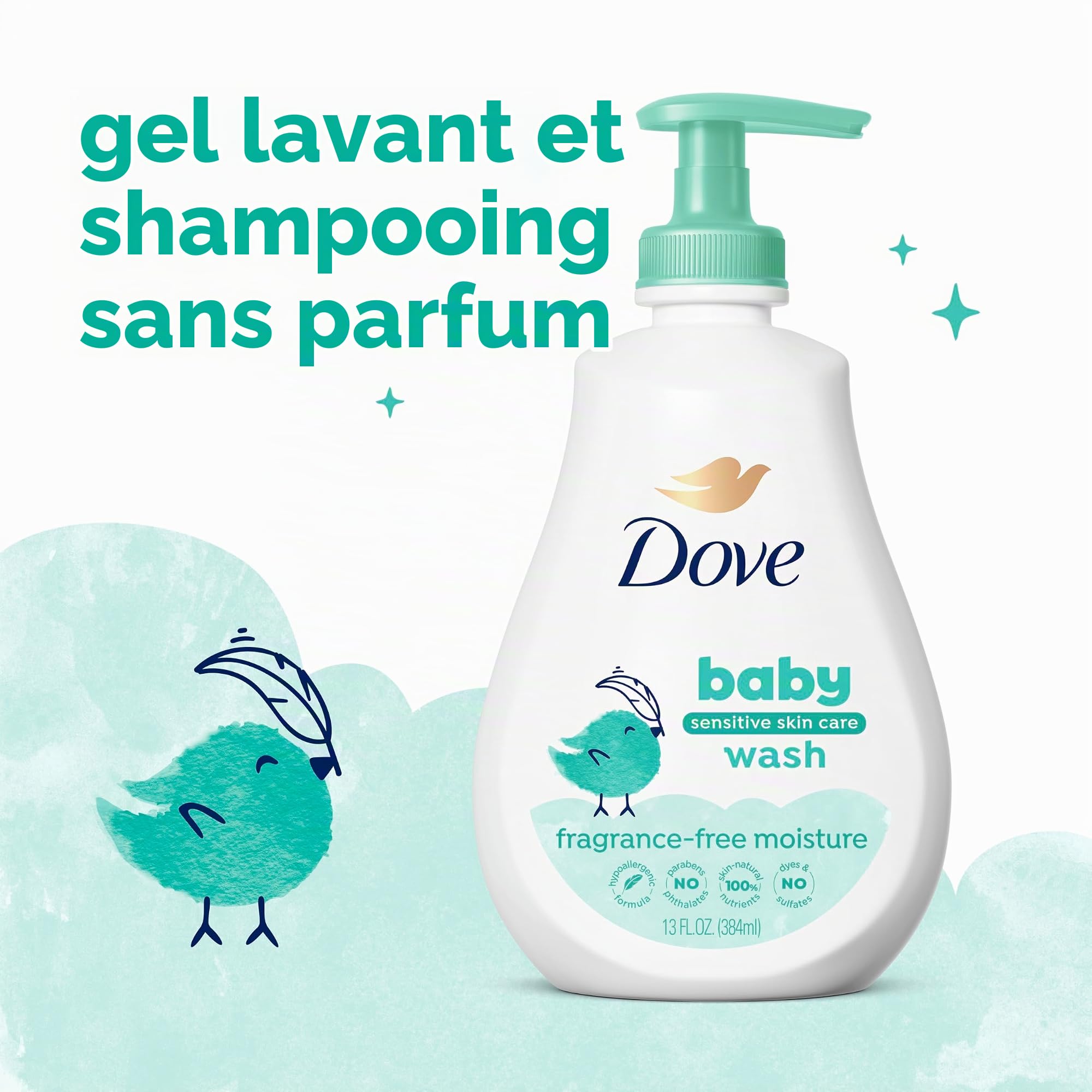 Baby Dove Sensitive Skin Care Baby Wash For Baby Bath Time Fragrance Free Moisture Fragrance Free and Hypoallergenic, Washes Away Bacteria 13 oz