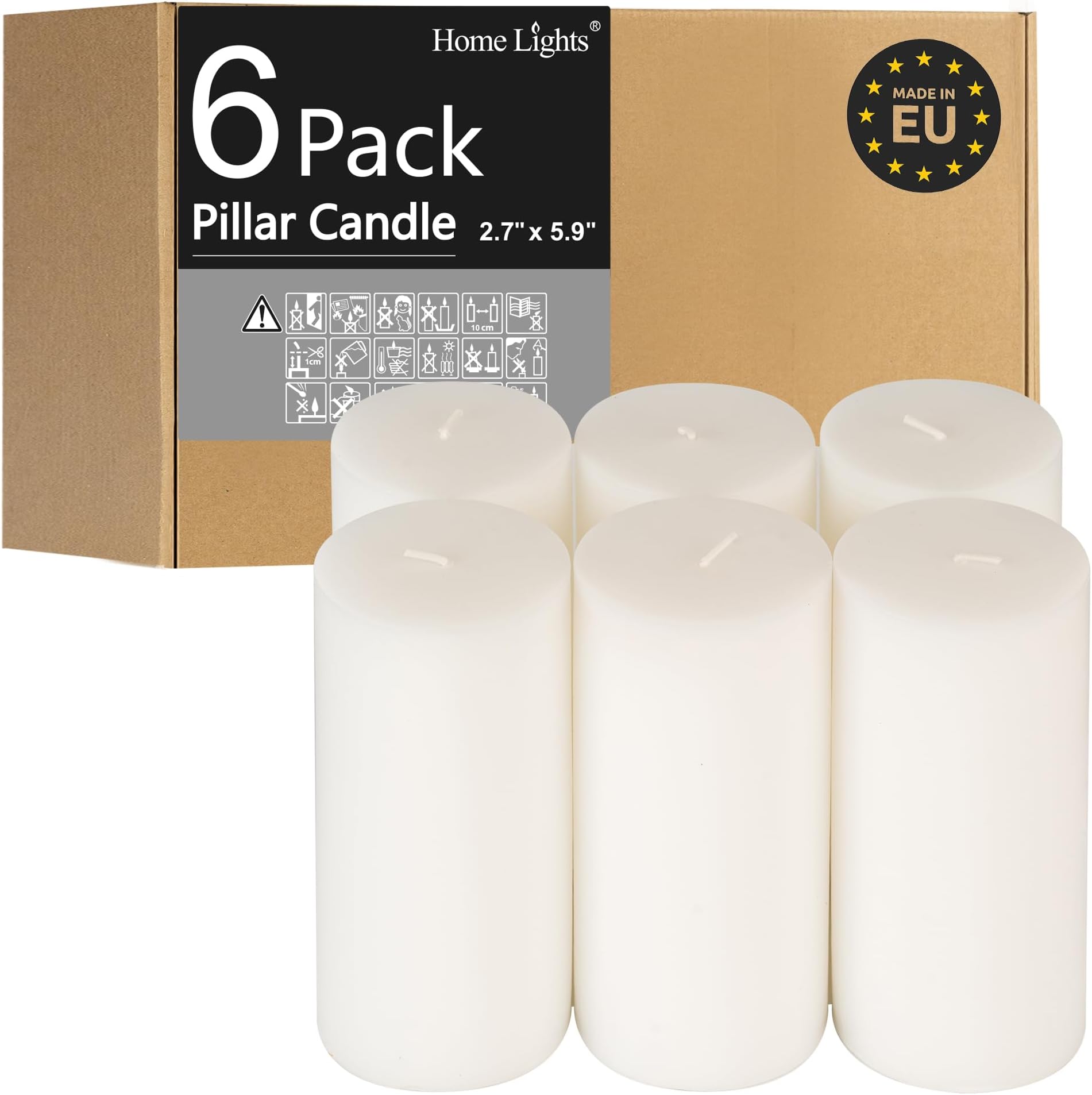 HomeLights Pillar Candles - 2.7x5.9inch | 50 Hours Burning, 6 Pack - White Unscented Smokeless European Pillar Candles - Perfect for Wedding, Parties, Spas, Home Gatherings and Dinner