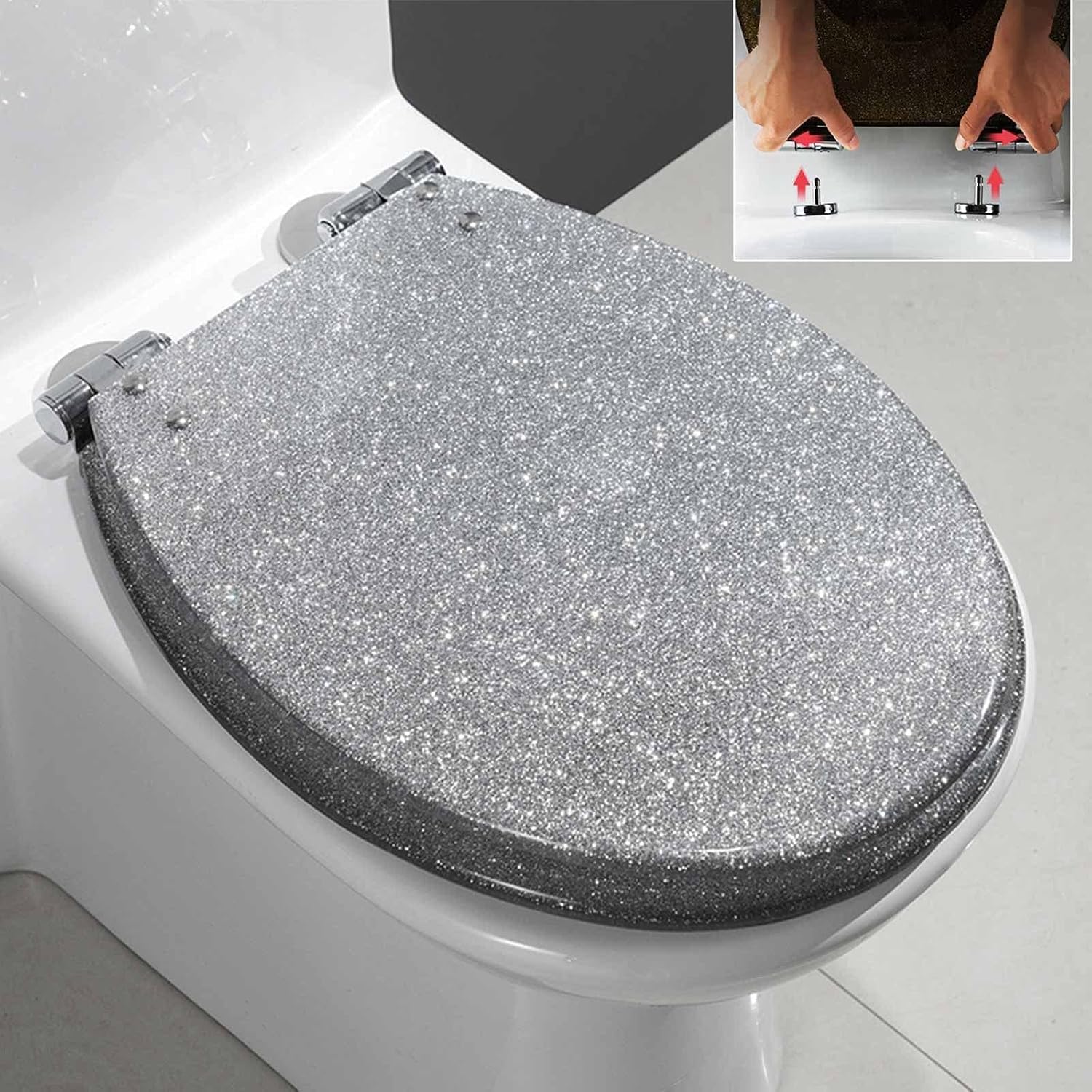 Toilet seat soft close toilet seat Resin Toilet Seat Cover, Sparkly Toilet Seat Glitter Toilet Seat Slow Close Toilet Seat Round, Top/Bottom-Fixed, Quick Release Resin Elongated Toilet Seats, 14.2"×16