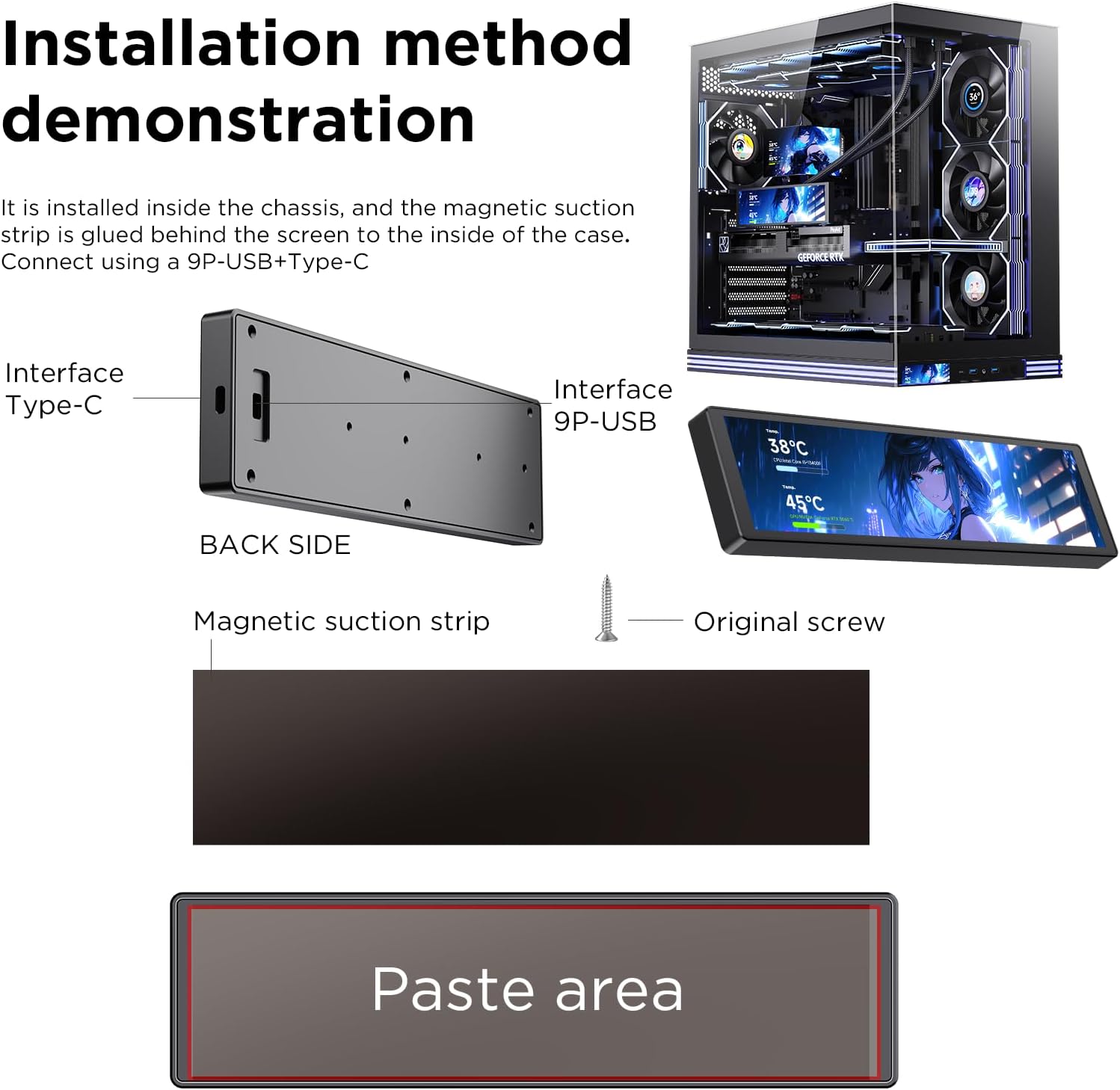 Jungle Leopard 9.16 Inch LCD Mini Secondary Monitor PC Computer|Customizable 1920*480 IPS Temperature display screen|USB TYPE-C 9-Pin Motherboard Connection for Laptop Computer Windows GPU CPU-Black
