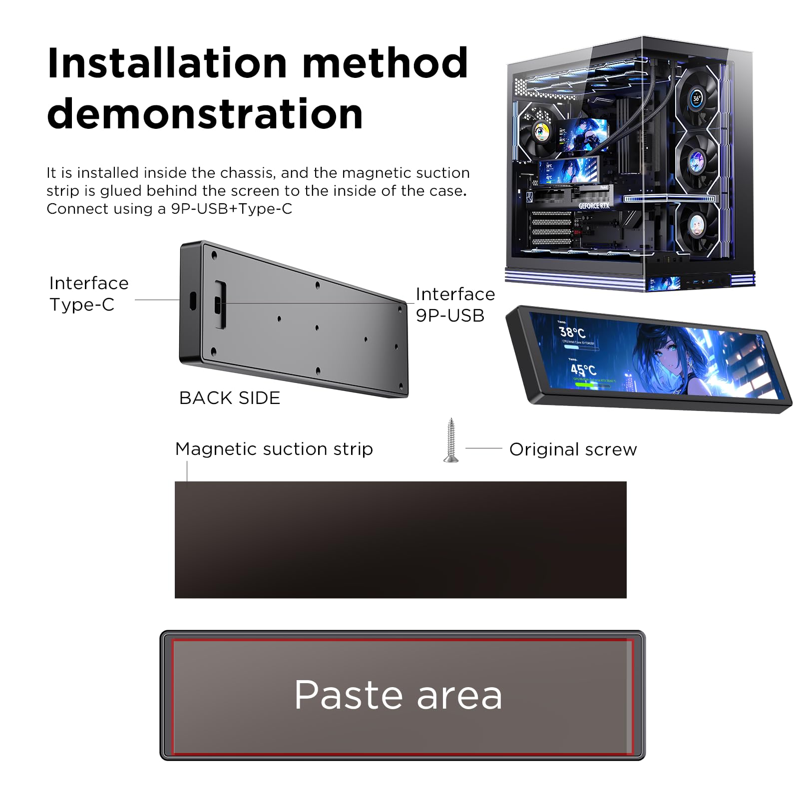 TZMRIT 9.16" Universal LCD Screen Display for PC,Customizable ARGB Frame,Temperature Display Panel,Mini Monitor,with Preset & DIY Themes for Gaming PC Case/CPU Cooler (BK)