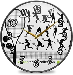 Tennis Player Silhouettes Different Actions Tennis Racket Ball Field Wall Clock, Silent Non-Ticking Easy to Read Round Decorative Acrylic Wall Clock Art, for Living Room Home Office School 12 Inch