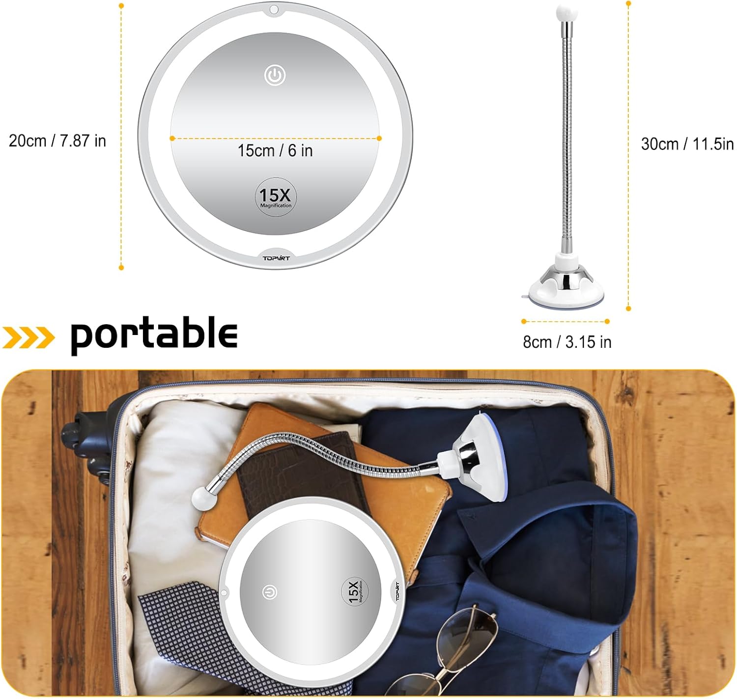 Flexible 15X Magnifying Suction Mirror - Dimmable LED Vanity Mirror, Power Suction Cup, Portable for Home Bathroom - Ideal for Detailed Makeup Eyeshadow Eyeliner (Large)