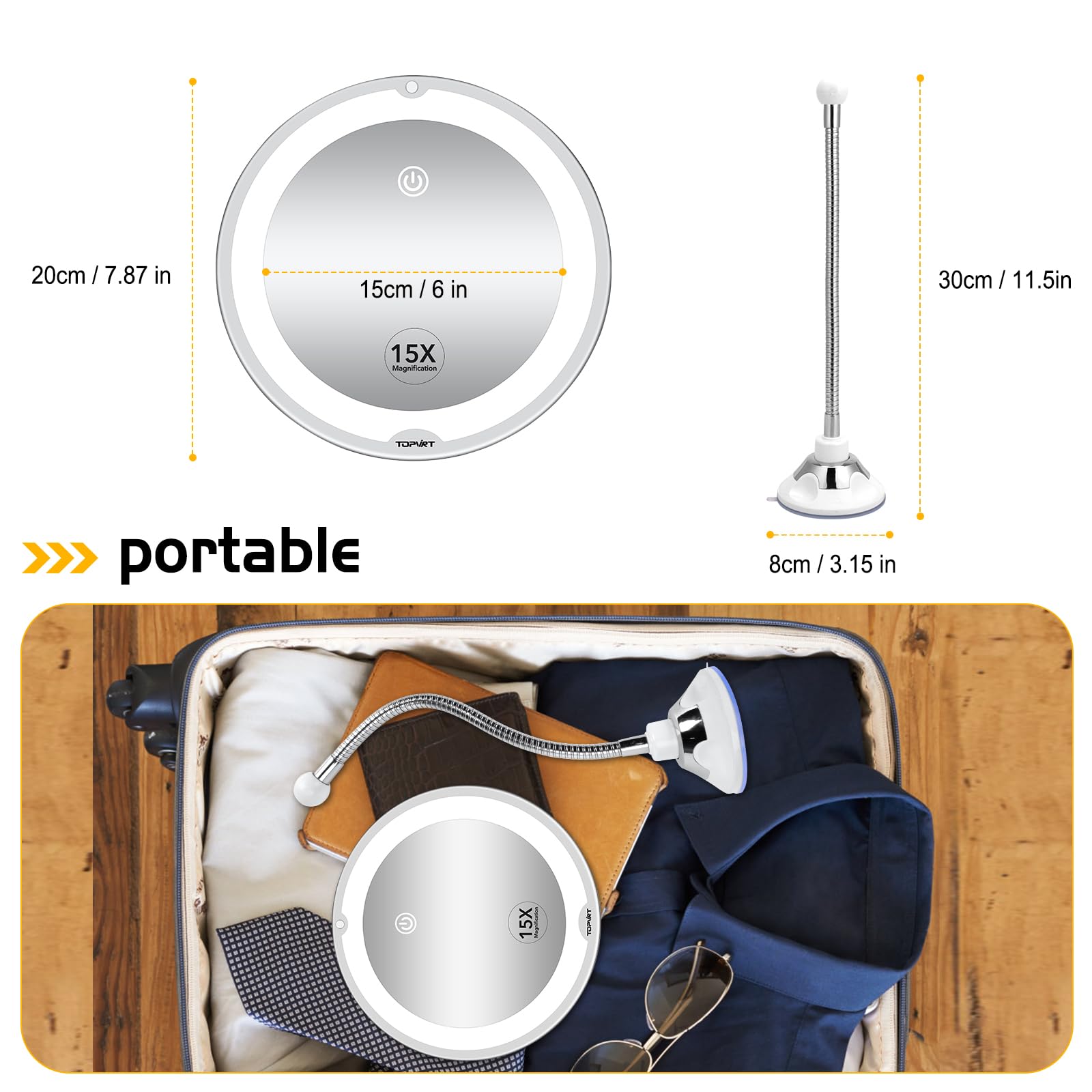 Espejo de succión flexible de 15 aumentos, espejo de tocador LED regulable, ventosa de potencia, portátil para el baño del hogar, ideal para maquillaje detallado, sombra de ojos delineador de