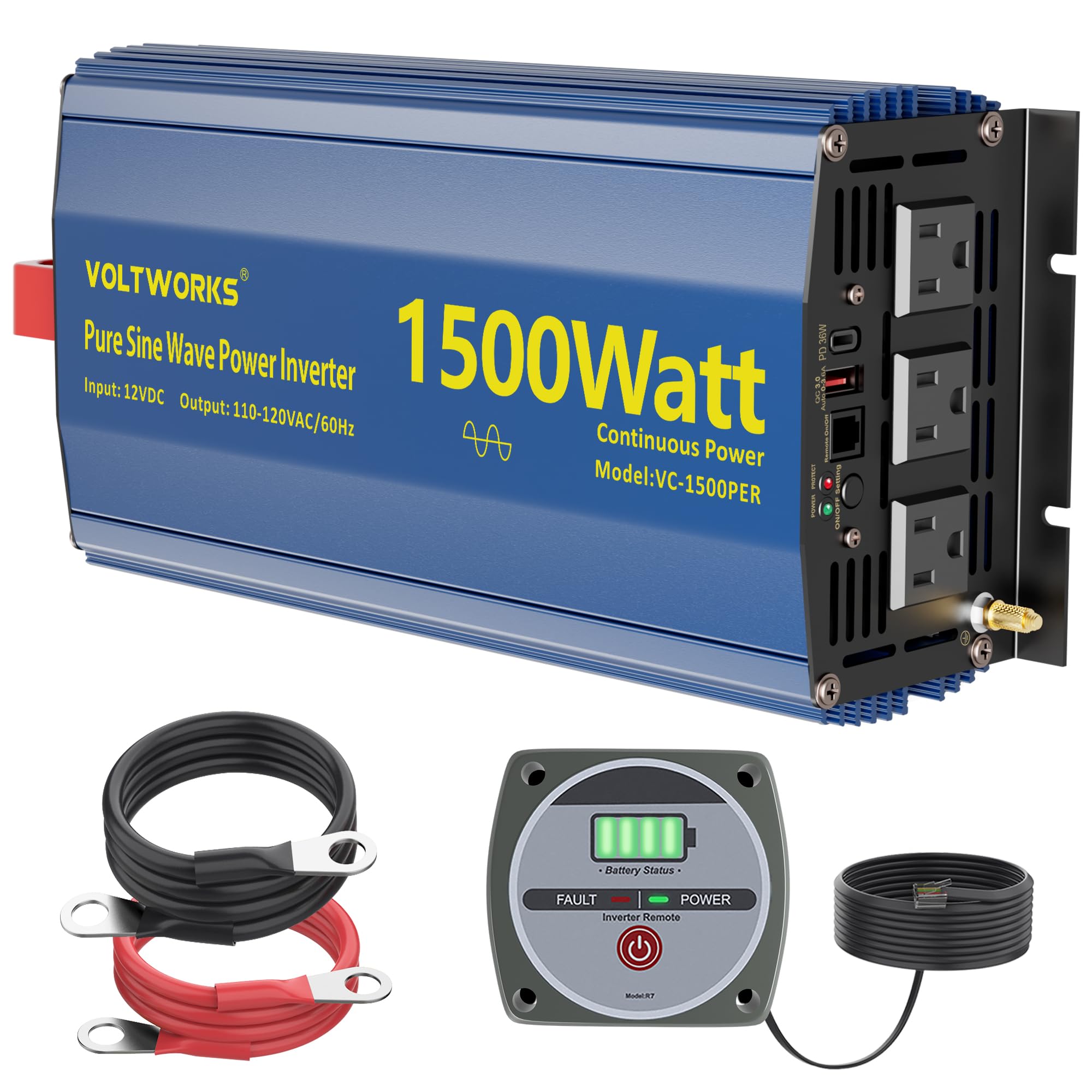 Power Inverter 1500W Pure Sine Wave Inverter 12V to 110V 120V AC with PD36W USB-C Builtin UL Fuse 15FT Remote with Battery Monitor Compatible with Lithium Battery Statlink for Car Off-Grid Solar RV