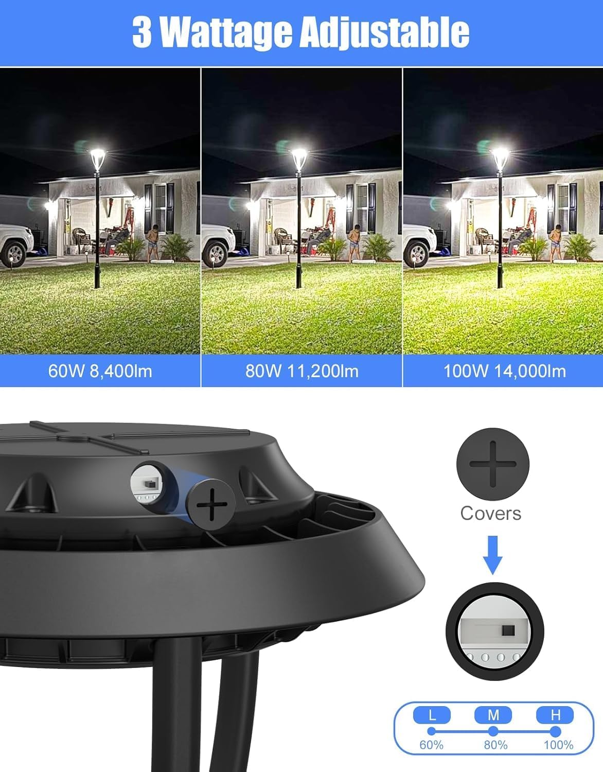 KUKUPPO 100W LED Post Top Light ETL Listed 14000Lm, 100W/80W/60W Wattage Selectable LED Post Pole Top Light Dusk to Dawn IP65 Waterproof for Outdoor Commercial Pole Light Fixture AC100-277V