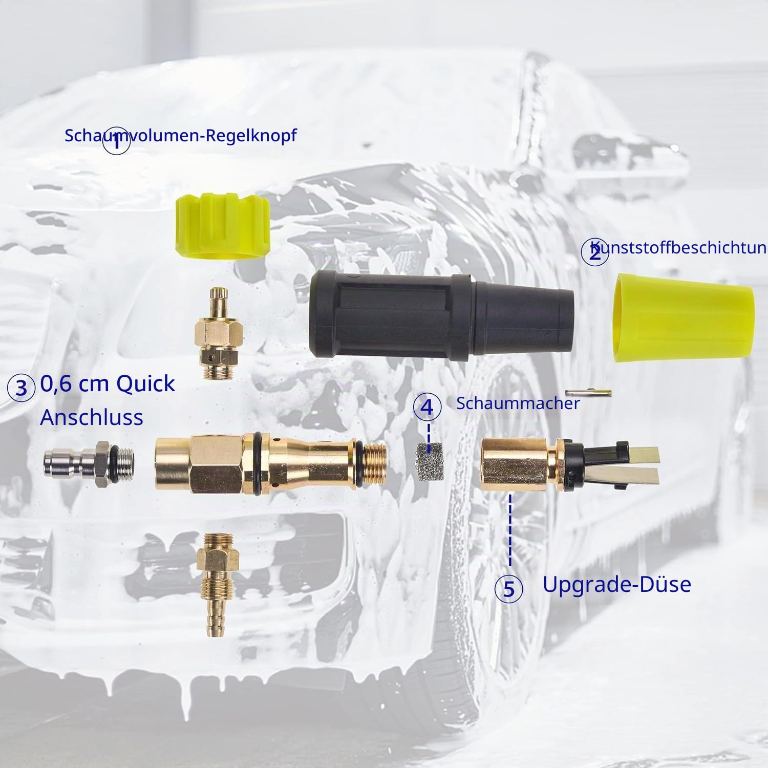 M MINGLE Schaumkanone für Hochdruckreiniger, 1L Schaumblaster mit 1/4 Zoll Schnellkupplung, Weite Öffnung & robuste Ausführung für Auto und Motorrad, 5 Düsen
