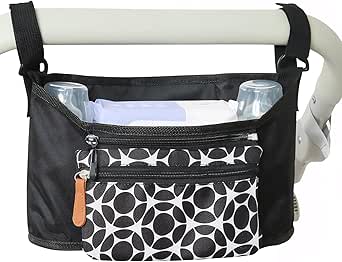 ベビーカーバッグ マザーズバッグ ベビー用品 収納 多機能 大容量 吊り下げ オーガナイザー 小物入れ ドリンクホルダー おむつポーチ ポータブル オックスフォード生地 ブラック お出かけ 散歩