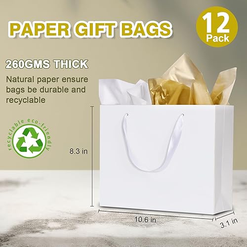 Miniatura 2 de Paquete de 12 bolsas de regalo medianas con asas de cinta y bolsas de pañuelos, bolsas de regalo blancas para compras, pequeñas empresas, fiestas