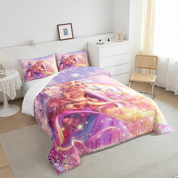 Princess Comforter Set for Boys Girls,Fairy Tale Dreamy Castle All Season Cozy Bedding Set Full Size,Watercolor Flowers Rainbow Starry Fantasy Girly Duvet Set Bedroom Decor - 4