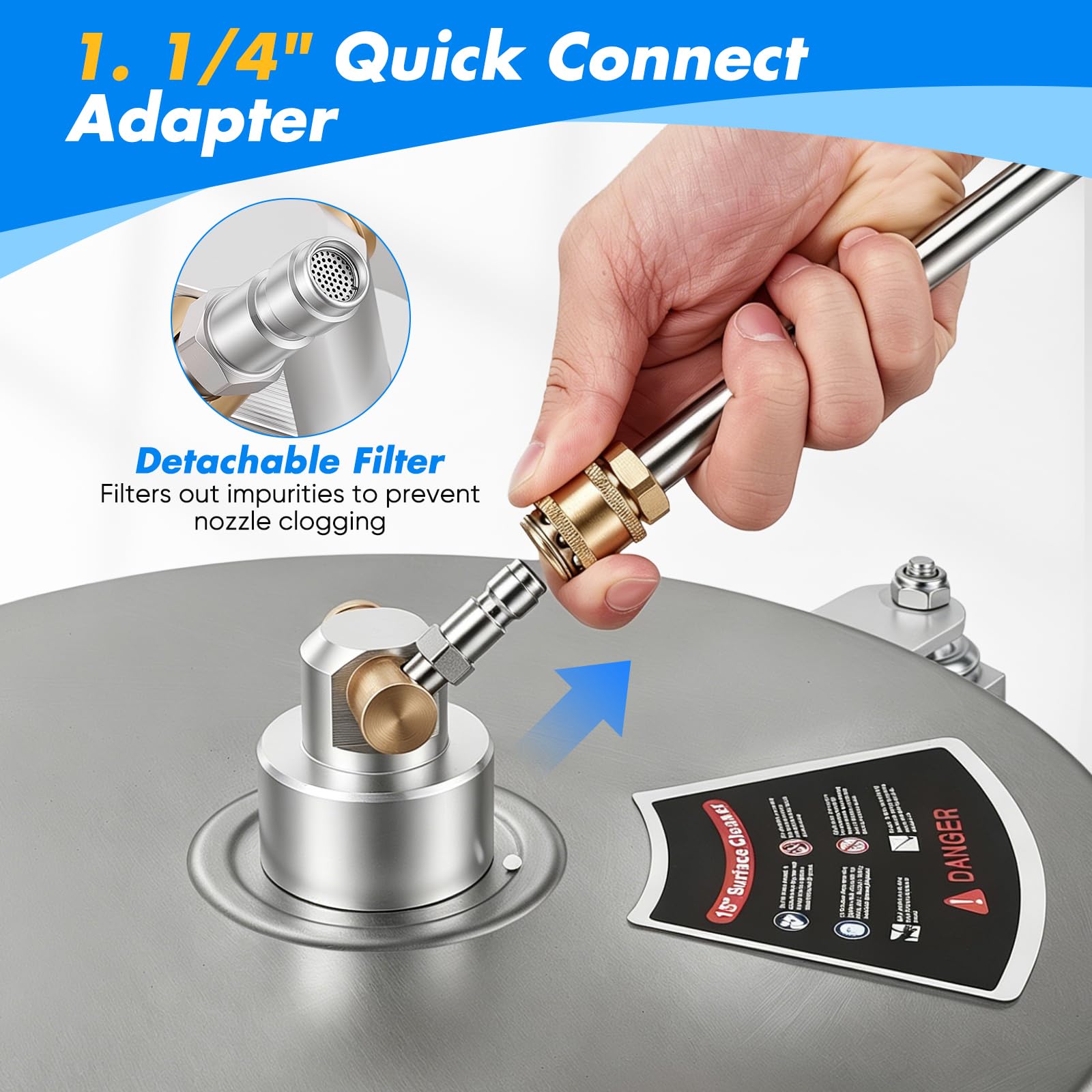 Limpiador Superficies para Hidrolavadoras, Limpiador Superficies 15" Máquina para Limpiar Adoquines con 4 Ruedas Carcasa Acero Inoxidable Conector Rápido 1/4 Pulgada y 2 Lanzas Extensión (15")