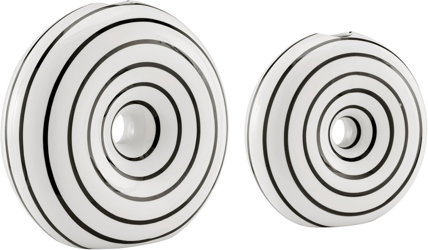 Danya B. Etta Two Piece Glossy Ceramic Black and White Striped Round Hollow Circle Donut Vase Set