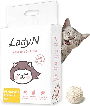 Lady N Cat Attract Tofu Cat Litter, Calming Pheromone Low-Track Pellet 9lb | Natural Attractant Formula, Litter Box Training Aid, Ideal for Multi-Cat Homes, Classic Pellet Shape
