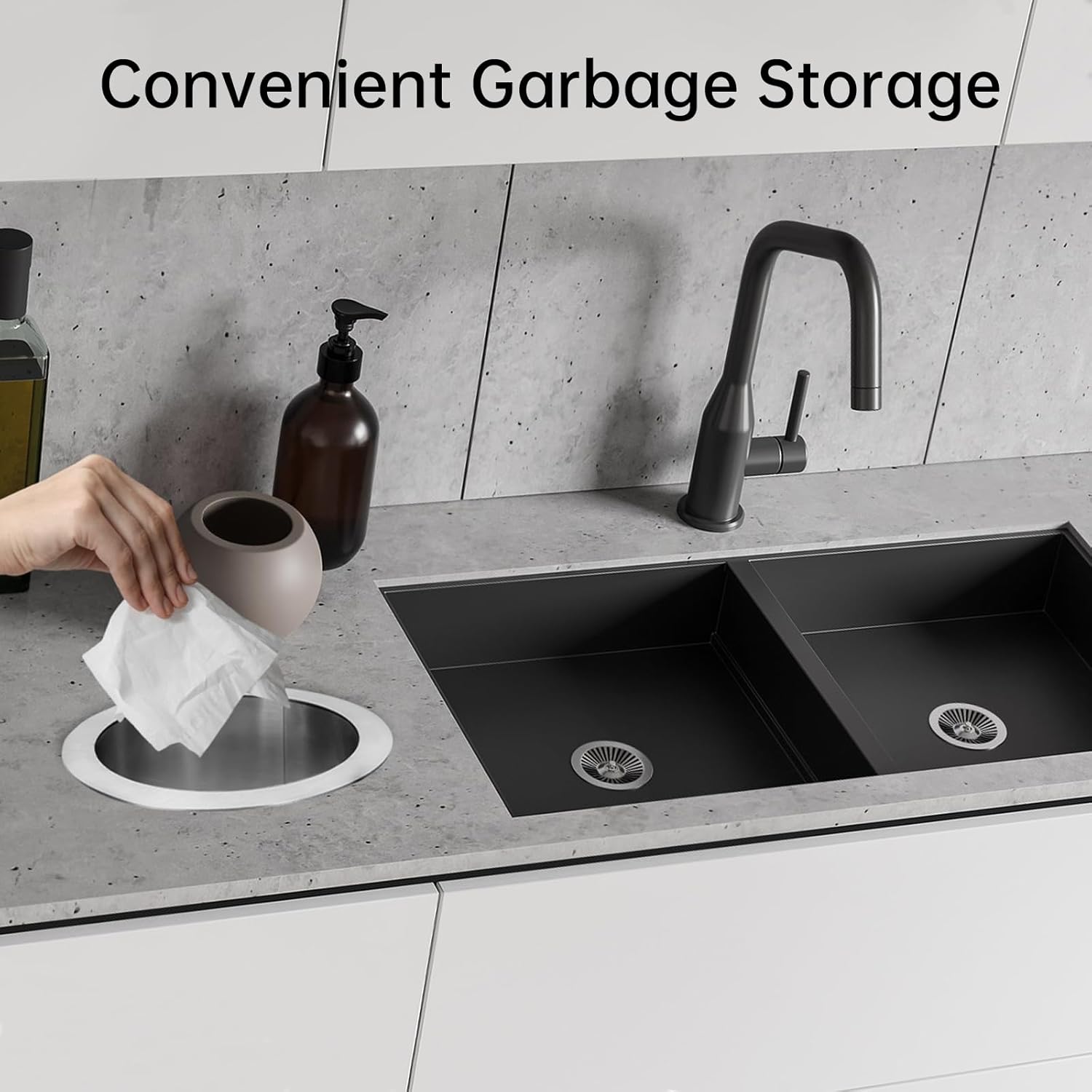 Countertop Trash Can, Drop-in Trash Chute Stainless Steel Round Countertop Trash, Waste Chute Built-in Trash Can, Waste Bucket Bottomless Embedded Trash Bin