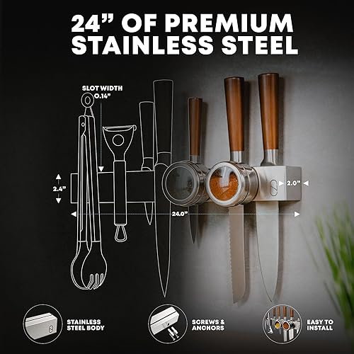 Miniatura 10 de Soporte magnético de cuchillos de alta calidad de 16 pulgadas para refrigerador con doble almacenamiento, soporte magnético de acero inoxidable de