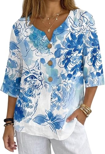 Xpyiqun Linen Tops for Women Vintage 3/4 Sleeve T-Shirts Summer V Neck Tshirts Loose Fit Holiday Beach Tees