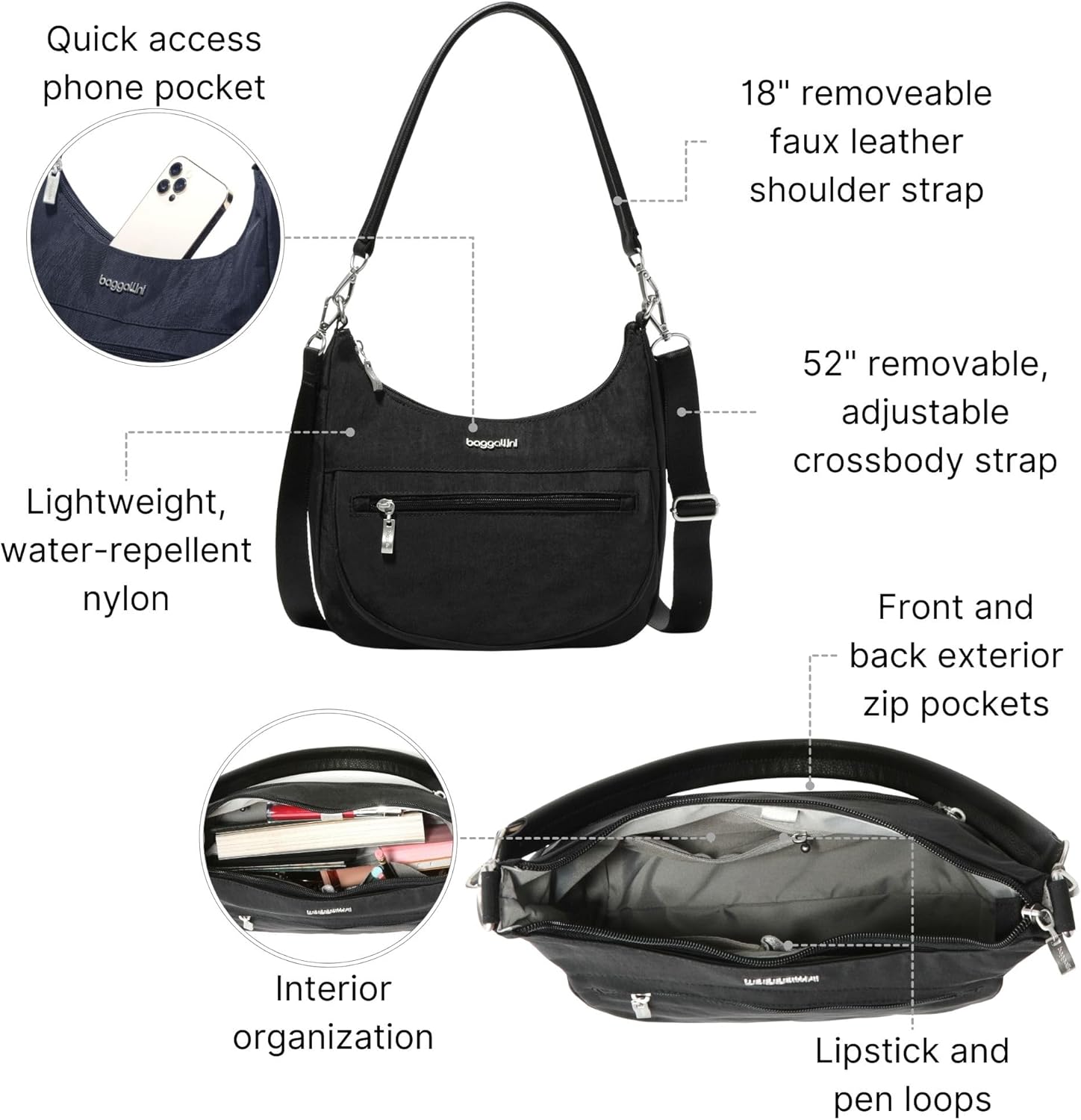 Baggallini Modern Pocket Half Moon 11"x10.5" Shoulder Women W/Replaceable Straps Converts to Crossbody Bag