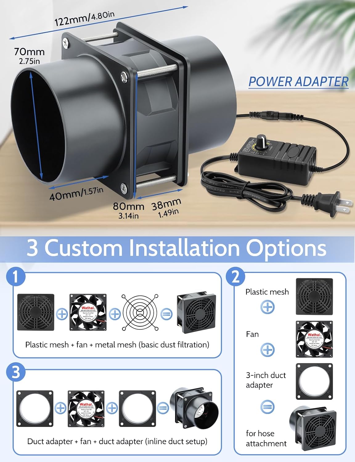 Wathai 80mm Small 12V DC Axial Exhaust Fan with AC Adapter, 3 Inch Duct Fan for Fume Extractor, Soldering Smoke, 3D Printer Enclosure, Laser Engraver Dual Ball High Airflow