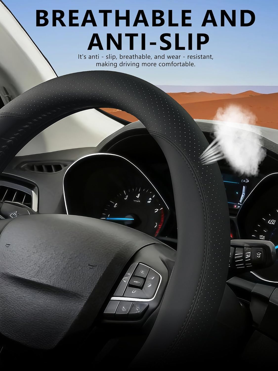 Flat Bottom Steering Wheel Cover for Ford Escape, D-Shaped Anti-Slip Custom Fit Car Steering Wheel Grip for Escape 2019-2025 ST-Line Breathable Leather (Black)