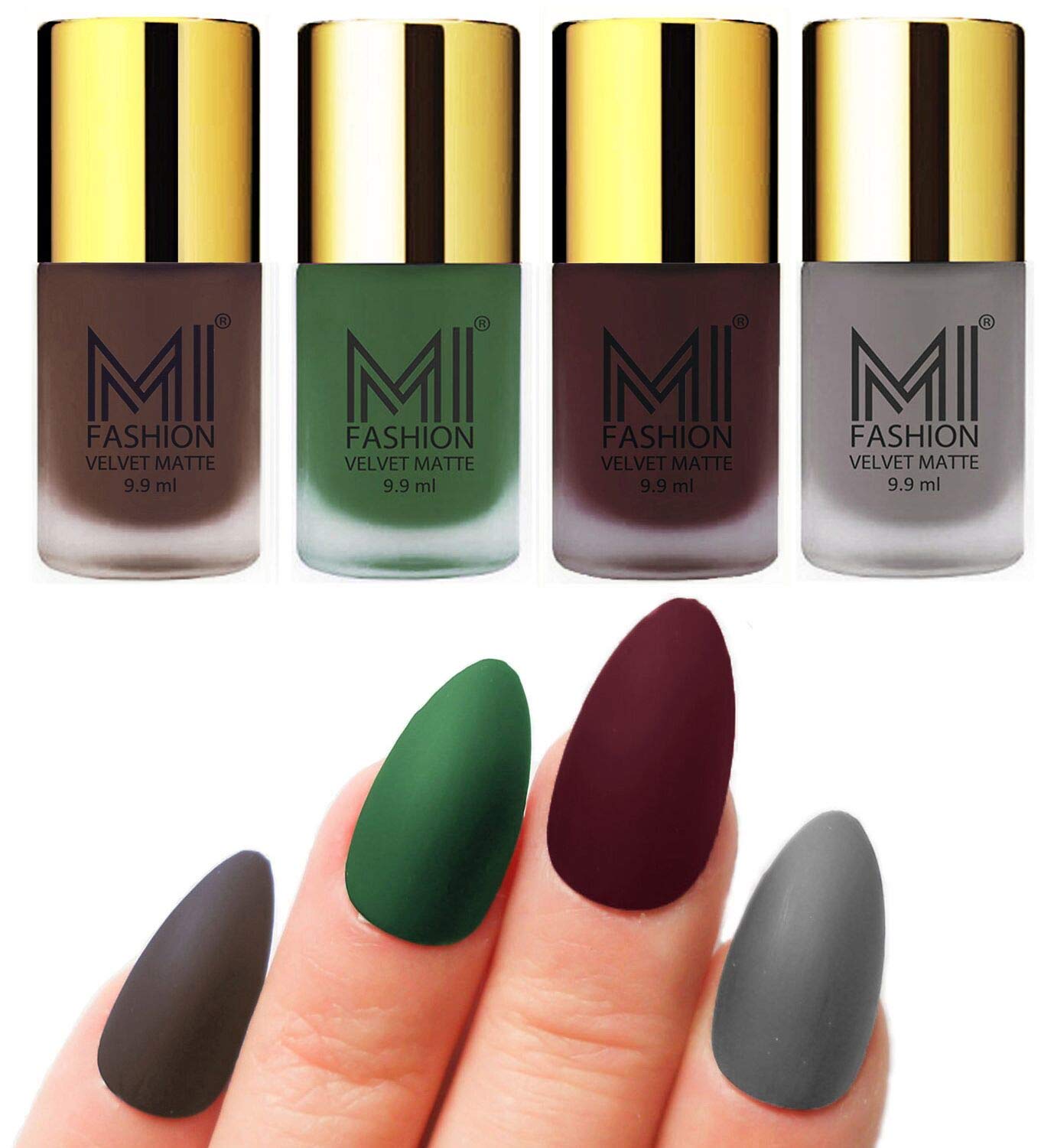 MI FASHION Velvet Matte Nail Polish Sets Long-Lasting & Waterproof 9.9ml Unique Color Coffee, Green, Wine, Grey (Pack Of-4)