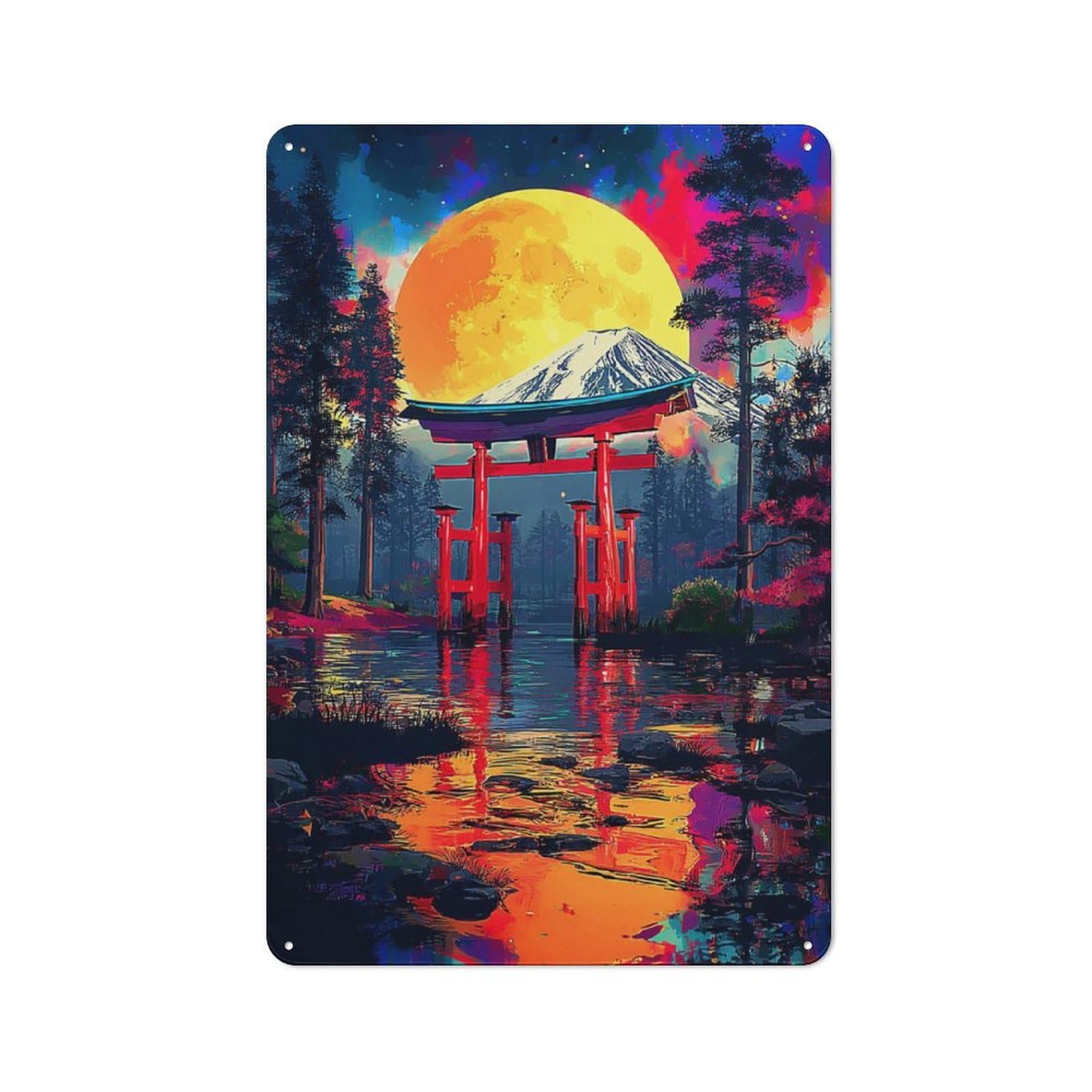 Junmoney Japanese Torii Gate Under A Full Moon Vintage Metal Plaque 30X20cm For Café Or Restaurant, A Decorative Gift For A Newly Furnished Café And Restaurant