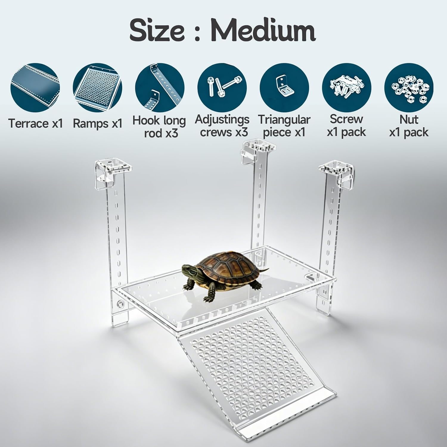Turtle Basking Platform, Clear Acrylic Turtle Dock with Slip-Resistant Ramp and Built-in Hooks for Aquatic Turtles, Direction-Adjustable Ramp, Turtle Terrace, Turtle Tank Accessories